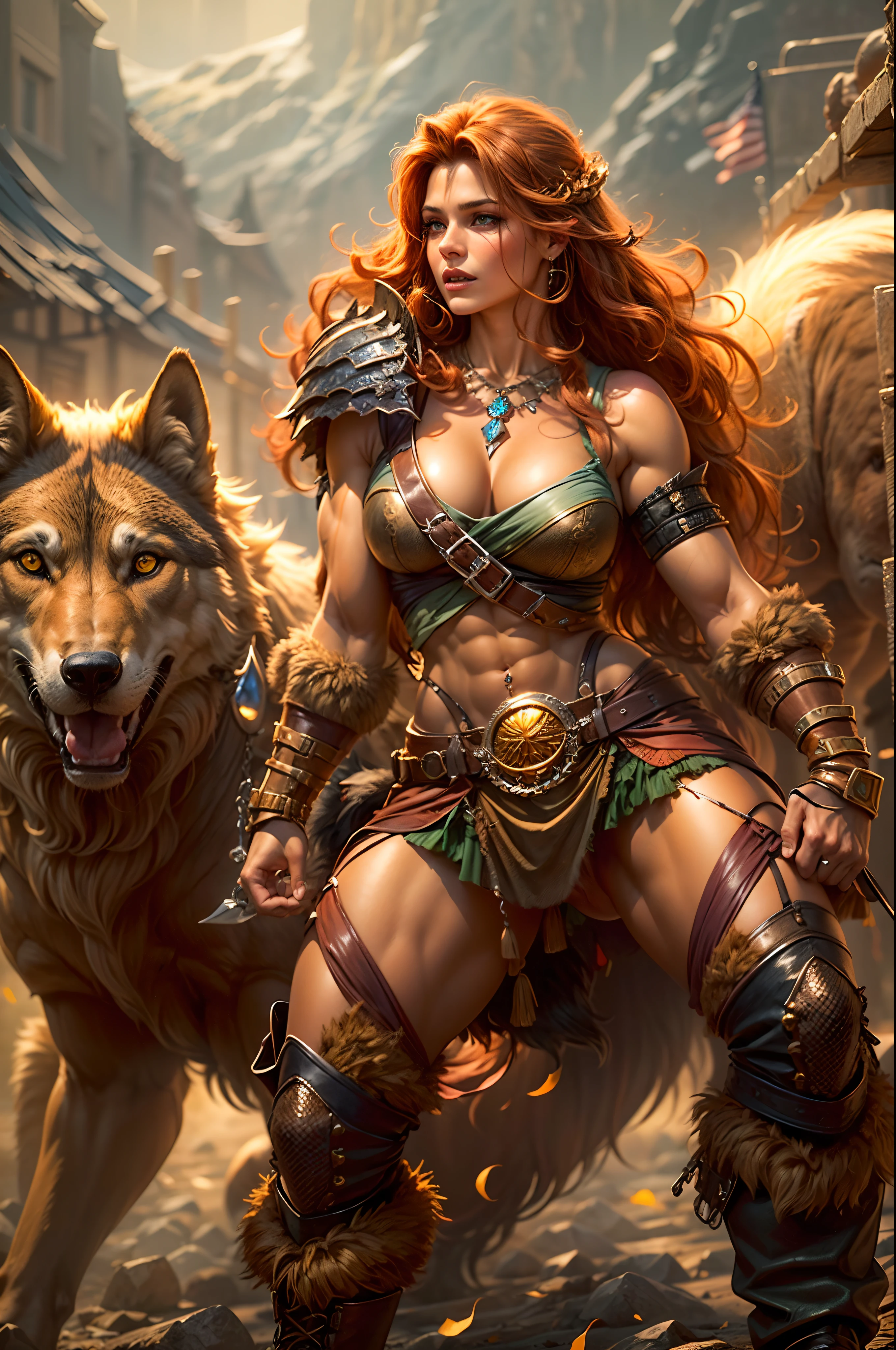 (best quality,ultra-detailed),(realistic:1.37),scene:sexy muscled female barbarian,red long hair,sexy barbarian outfit,six packs,detailed clothes,riding big wolf,scouting plain nearby,medium:oil painting,material:fine canvas,additional details:gorgeous golden accessories,jewelry,leather boots,wolf has piercing blue eyes and sharp teeth,art style:fantasy,colors:rich and vibrant,lighting:soft golden sunlight