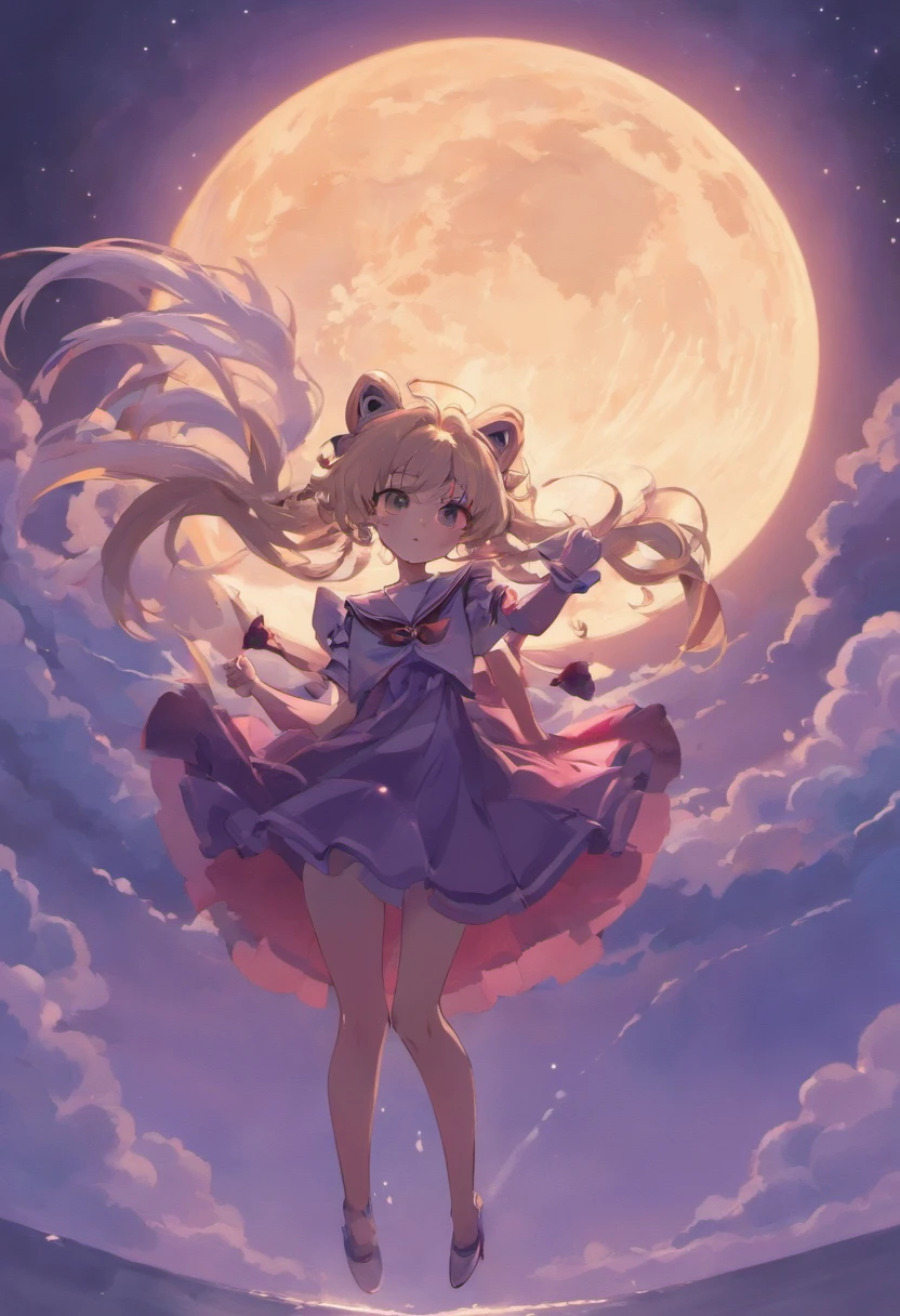 the sailor moon,Full body like,frontage,A black cat at his feet,dual horsetail,dream magical,Fly in the air,There are a lot of clouds in the sky,Sunset,