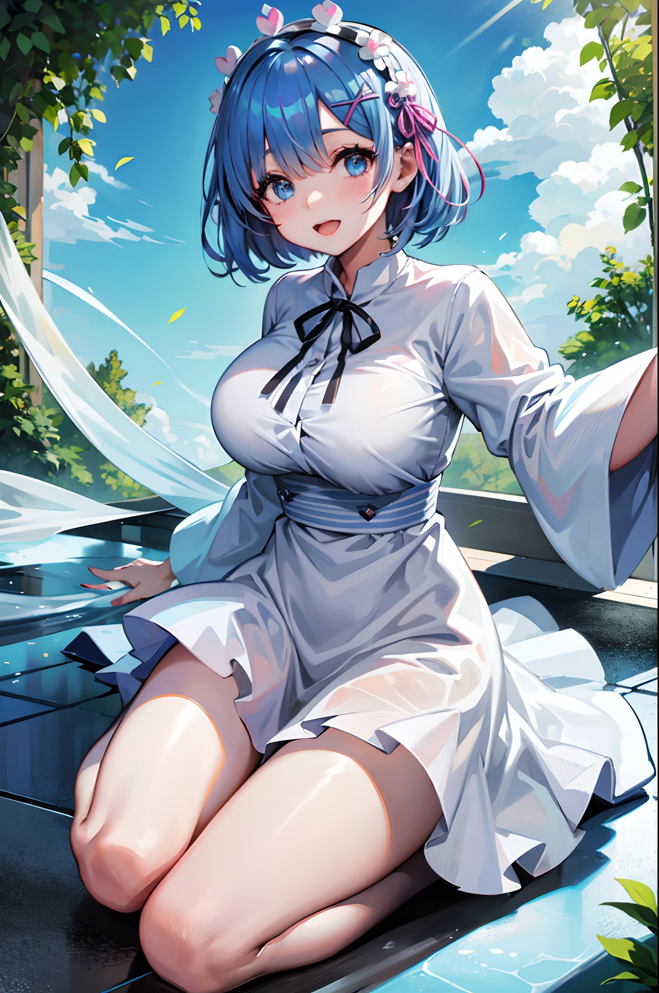 Remu, Remu、Short hair, Maid headdress, X Hair Ornament, Hair Ribbon, Hair over one eye, （masutepiece:1.3),1girl in、 Solo、(Best Quality:1.3), High resolution, Couboy Shot, on  back,Superb view、(One Cute Girl:1.3), Solo, huge smile、Big iridescent heart on background、Angel Ring、Long light blue hair，Open mouth ，Caregiver，hospitals，White nurse's uniform is fluttering，White nurse hat，nurse's outfit、Sit down, Spread your legs and reach out、Opening legs、looking at viewert，Underwear is sheer、The color of underwear is black、yogapose、Straighten your back、Remu