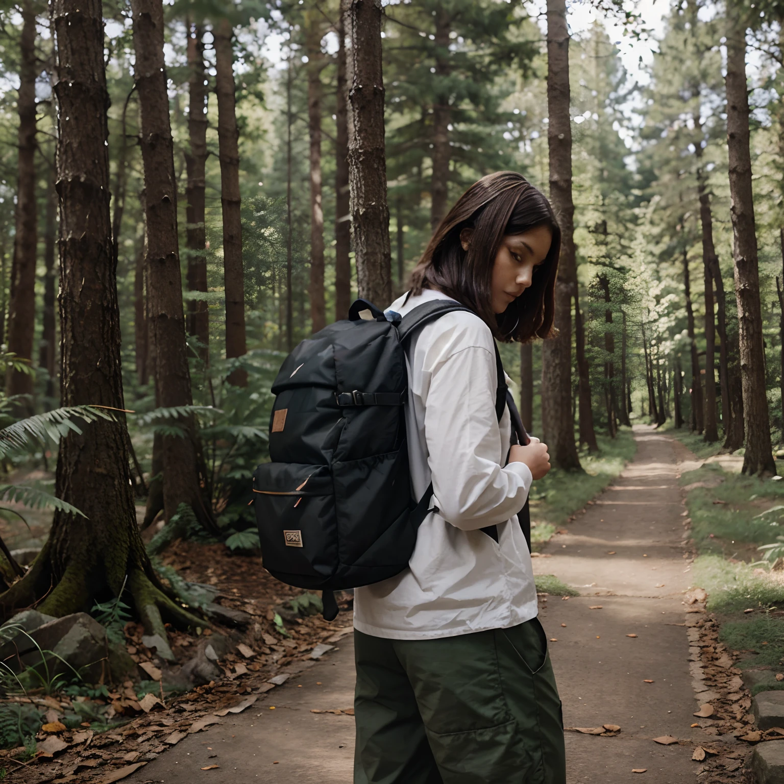 Cat with backpack on the background of the forest