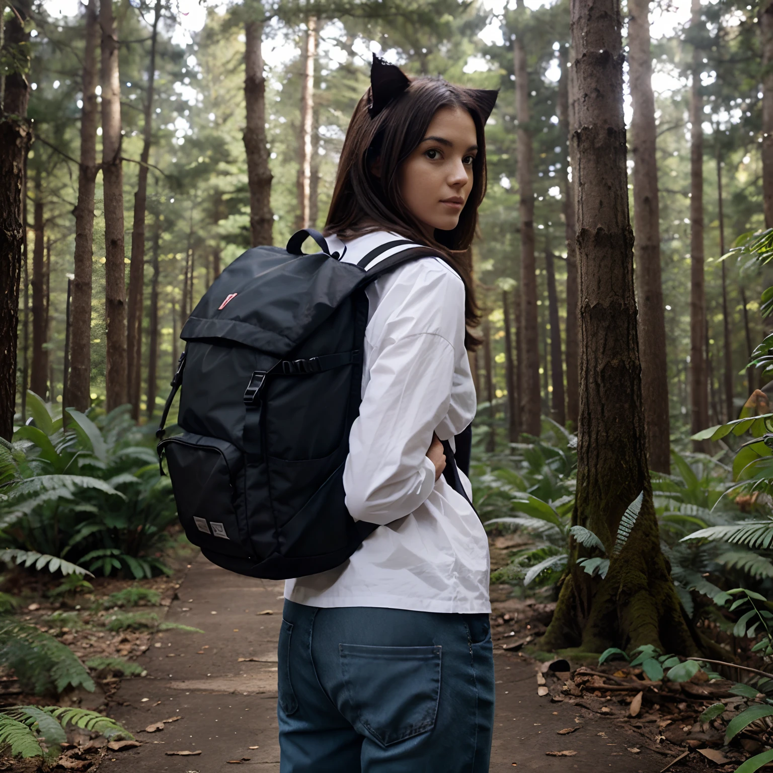 Cat with backpack on the background of the forest