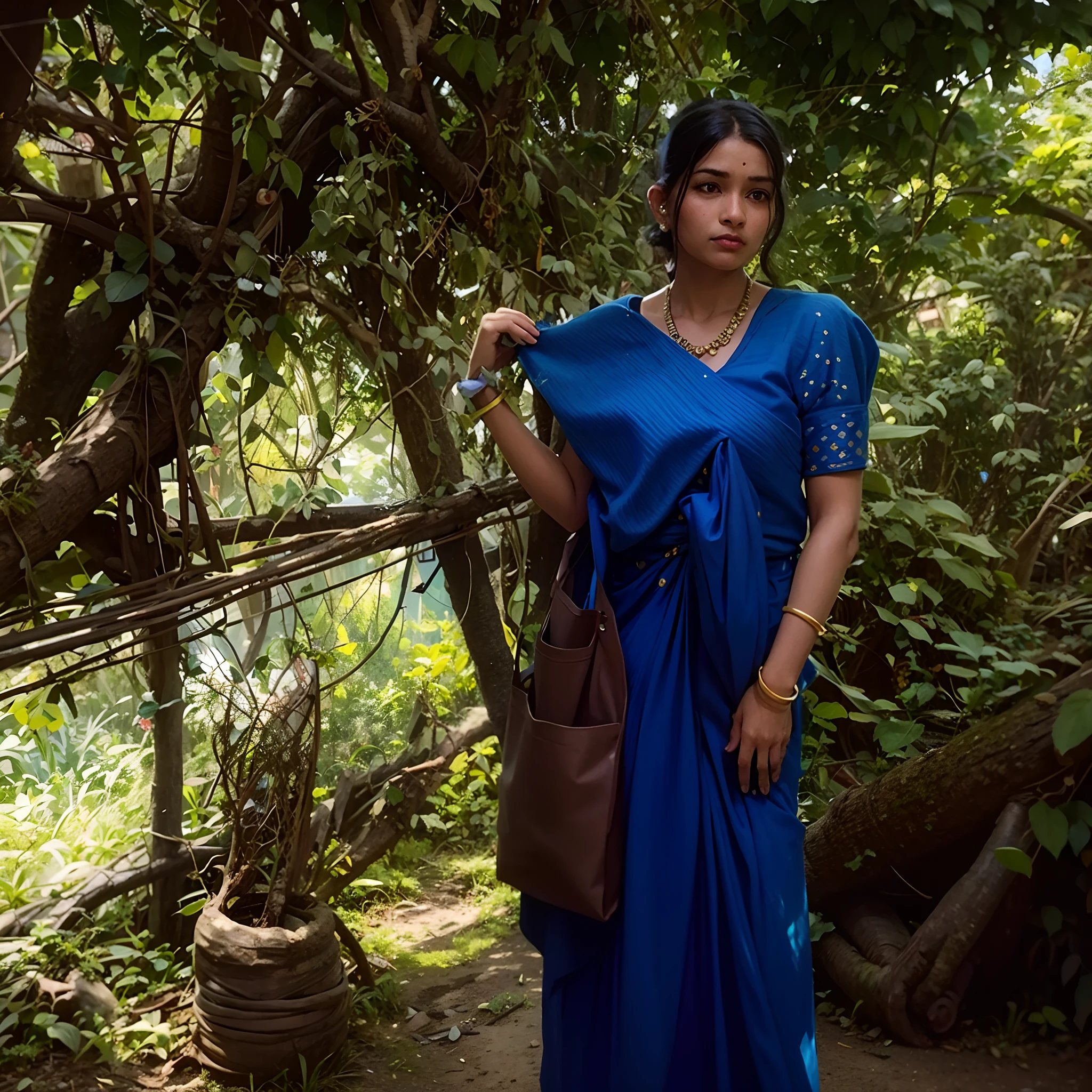 woman in blue sari standing in front of a tree, wearing bihu dress mekhela sador, assamese aesthetic, blue colored traditional wear, with lovely look, wearing a sari, wearing sari, dressed in a sari, traditional beauty, assamese, around 1 , candid picture, inspired by T. K. Padmini