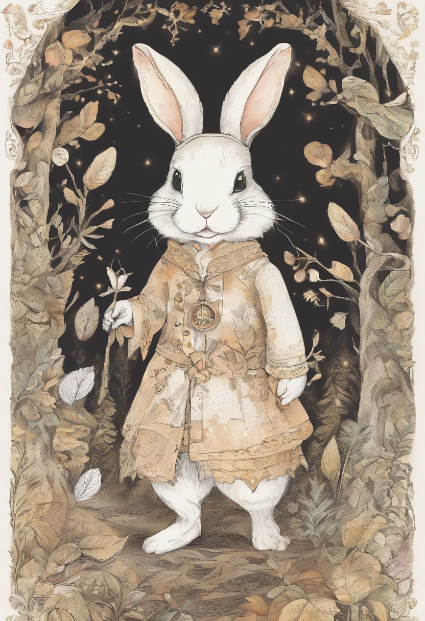 a cute bunny,Wear travel attire,Map in hand,Walk in the forest