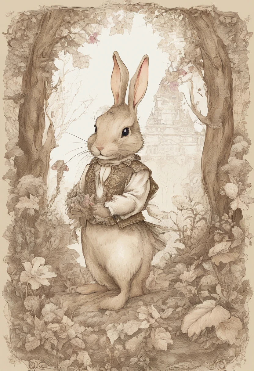 a cute bunny,Wear travel attire,Map in hand,Walk in the forest