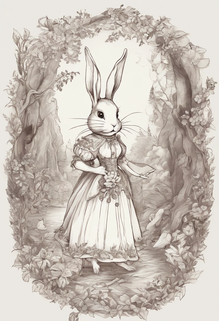 a cute bunny，Wear travel attire，Map in hand，Walk in the forest