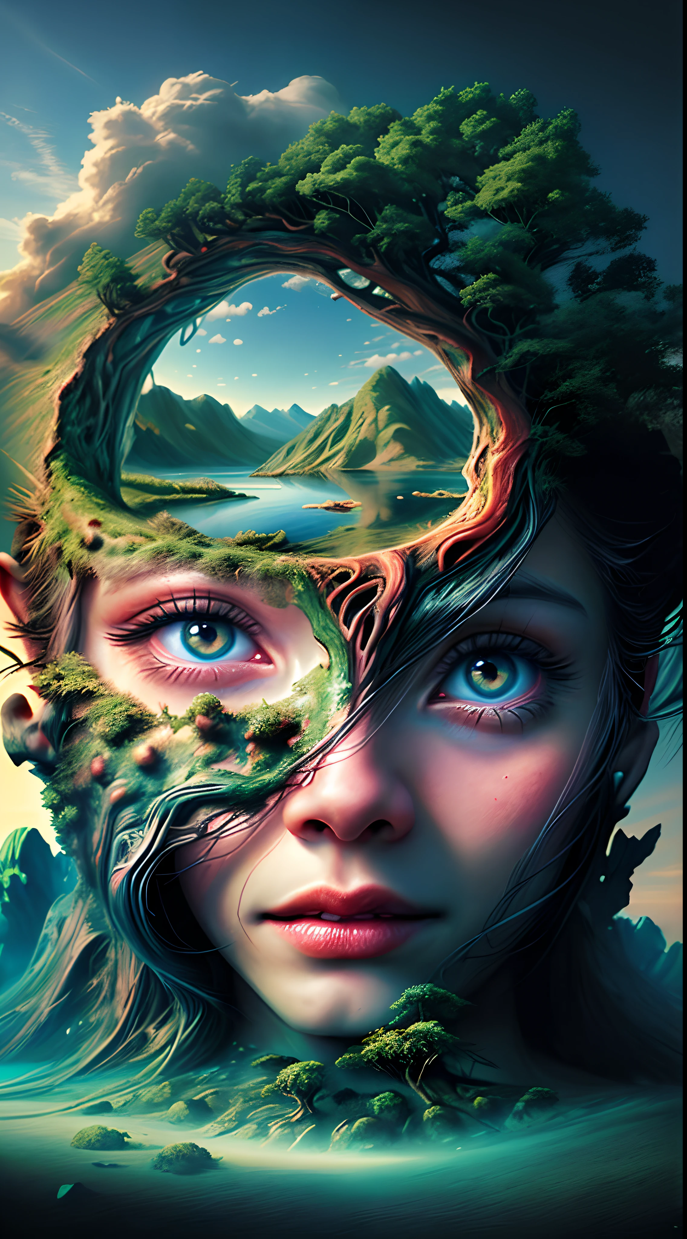 A close-up of a woman's face with a tree in the middle of it, arte surreal, Surrealismo 4K, retrato surreal, retrato surreal bonito, Arte digital surrealista, Arte surreal e fantasiosa, arte digital surreal, retrato do surrealismo, Arte surrealista, Arte Surrealista Emocional, surrealismo de fantasia, Surrealismo 8K, arte conceitual surreal