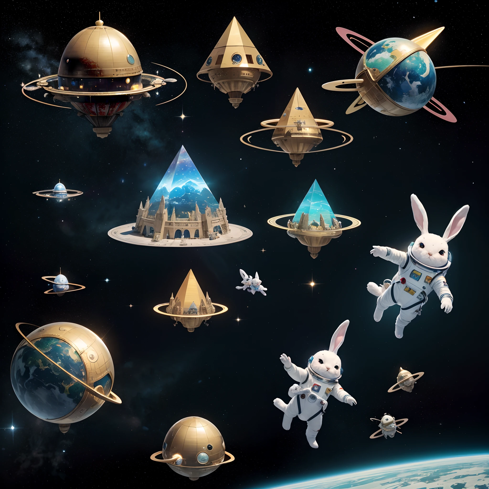 super high image quality、Super delicate、character design drawing、Full body like、Multiple Pose、Multiple facial expressions、Anthropomorphic cute rabbit、Bunnies in space spacesuits、Colorful colors、Space Continent，starrysky，Landing flying ship，heavenly body，Huge alien planet pyramid temple background，Space Adventure Expedition Ready to Go，