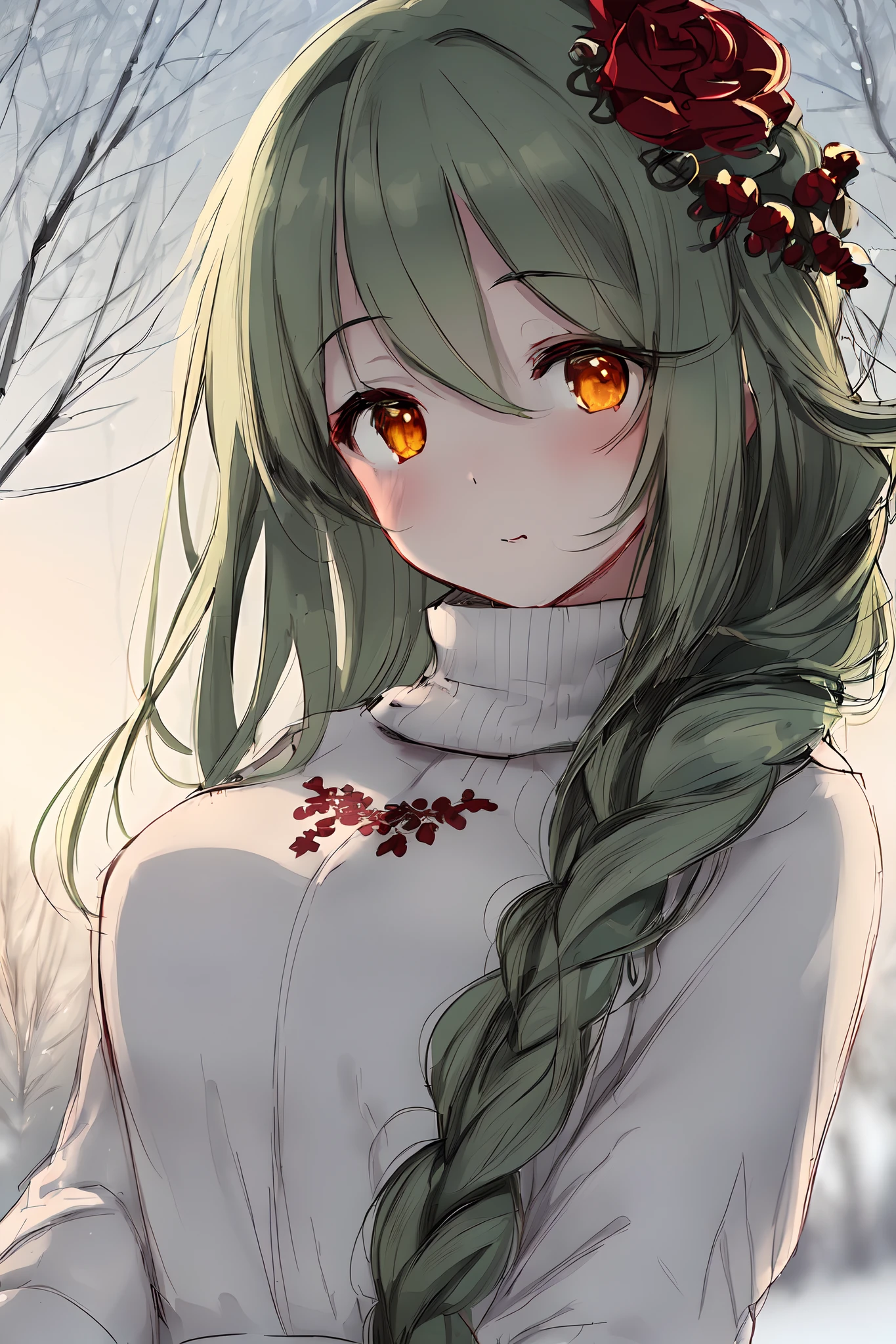 ((sketch drawing)), (pencil drawing), close up, 1girl, (cute), rosy cheeks, (light yellow eyes), (dark green hair), (((1braid))), (big braid), long bang, (medium breasts), (wreath on head), (white blouse), (red embroidery blouse), (in forest), ((winter)), (detailed background)