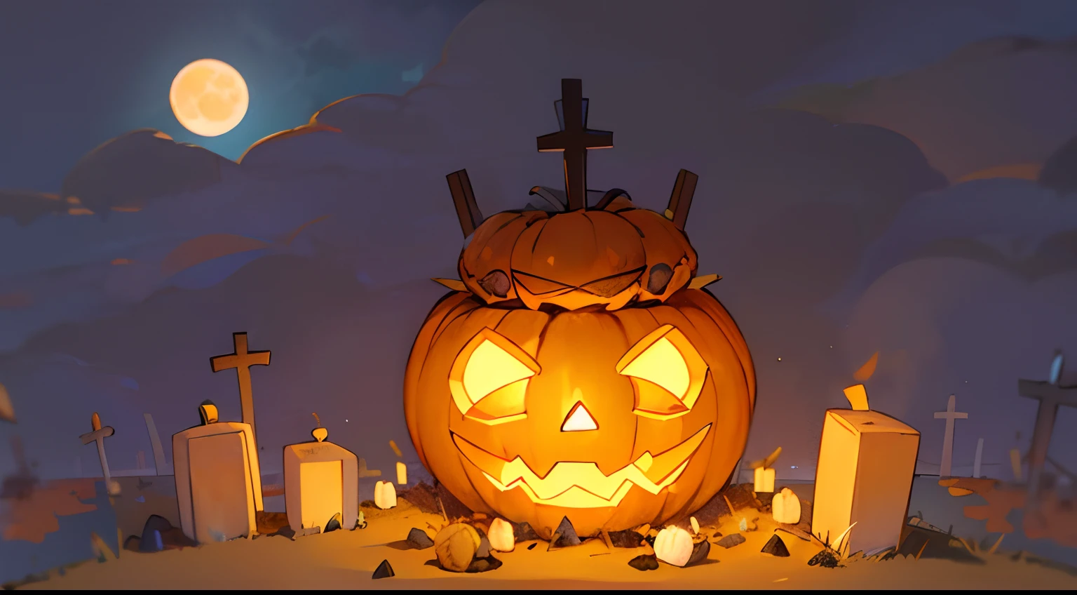 0 Humans,Halloween,landscapes,western building,Moon Night,orange colors，Pumpkin Lantern,Grave,crosses,candy,cookies,macaroons,Choco,caramel,marshmallow,Lollipop Candy,Jack O'Lantern