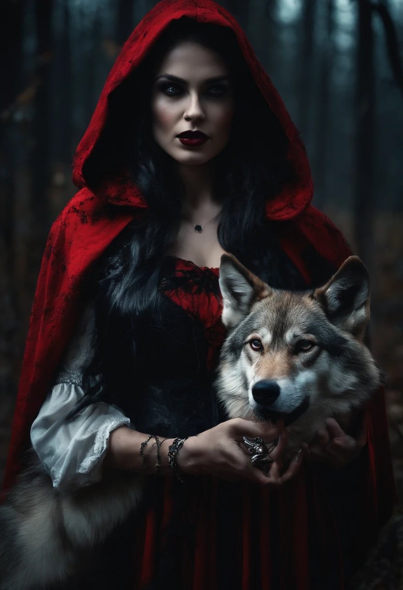 Gothic red riding hood holding the severed bead of a wolf, with an ax on the ground, blood splatter, dark, backlit, goth, moonlight, forest, horror, ominous,