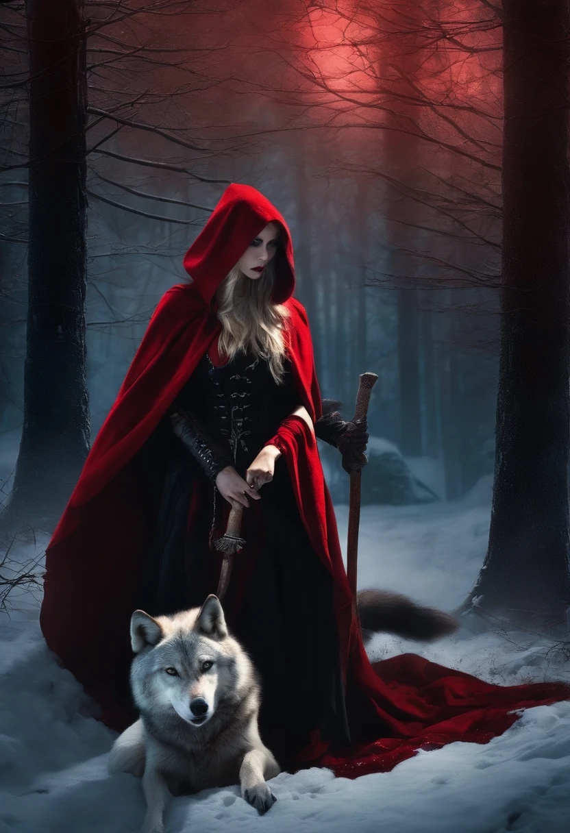 Gothic red riding hood holding the severed bead of a wolf, with an ax on the ground, blood splatter, dark, backlit, goth, moonlight, forest, horror, ominous,