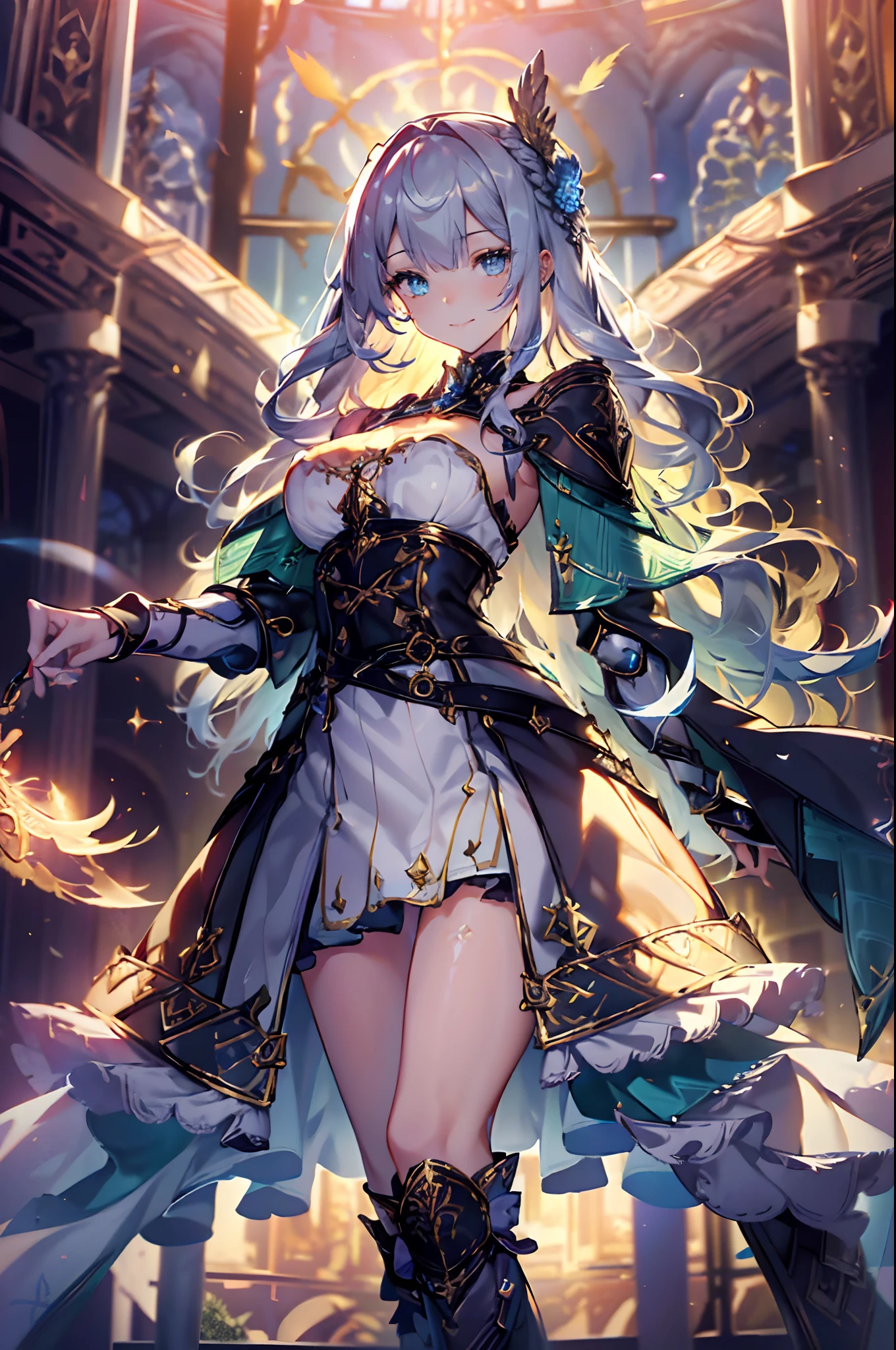(Official art、Best Quality、Unity 8k Wallpapers、32K、masterpiece、ultra-detailliert、超A high resolution、The best illustrations、Very ridiculous:1.2)、(Cinematic lighting:1.2)、Fireglow effect、film grains、Best Shadows、Rim lighting、side lights、(Ultra-detailed and complex 3D rendering)、Detailed beautiful face and eyes、Sharp pupils、Realistic pupils、A slender、1Man Woman、Medium bust、(Full body:1.2)、 beauitful face、-yeld beiful girl、(super detailed skin、detailed skin textures:1.3)、(silver blond、Blue-silver hair:1.3)、Paladin、Longhaire、Blunt bangs、Green eyes、3 braids in 1 bunch、(Blue Armor、Blue Boots、Blue helmet、Jeweled、Gold embroidery)、A slender、Maxi skirt、(thighs thighs thighs thighs:0.8)、(chies、in a house、Artistic stained glass、Large pipe organ、Hello Point、Mystical、a lot of feathers float、angelicales、Particles of light、solemnity、Sunlight is、colourfull、Fantastical:1.2)、(Fantastical:1.3)、(Holding the Holy Sword:1.0)、Fantastical、Smiling smile