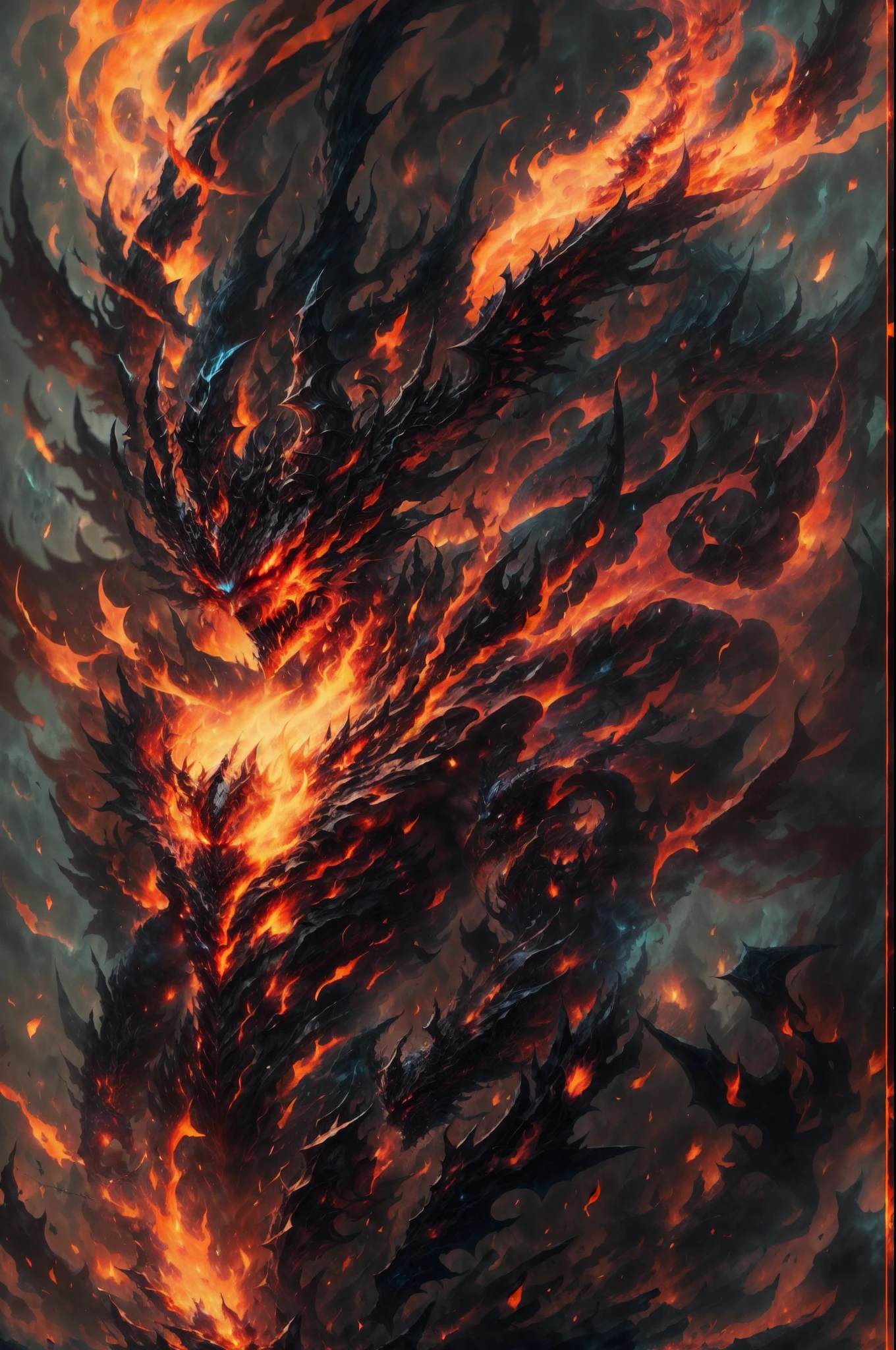 A humanoid devil, fierce face, fire demon, big burning demon wings, big horn, sharp thorn runs through body, full body, hellish demon, burning background, burning demon aura, devilish energy cracking, third eyes, glowing eyes, corrupted energy, fire spear, burning horn crown, demon tail, detailed devil wings, fire whip, close shot, drill hand, ,demonic energy crackling around the body,ominous burning background,hellish inferno as the backdrop,scorching flames,embers floating in the air,dark shadows dancing with fire,fiery landscape,flaming atmosphere,infernal glow,vibrant reds,orange hues,sharp contrast,ominous lightning,Detailed,Realistic,4k highly detailed digital art,octane render, bioluminescent, 8K resolution concept art, realism,by Mappa studios,masterpiece,best quality,official art,illustration,ligne claire,(cool_color),perfect composition,absurdres, fantasy,focused
