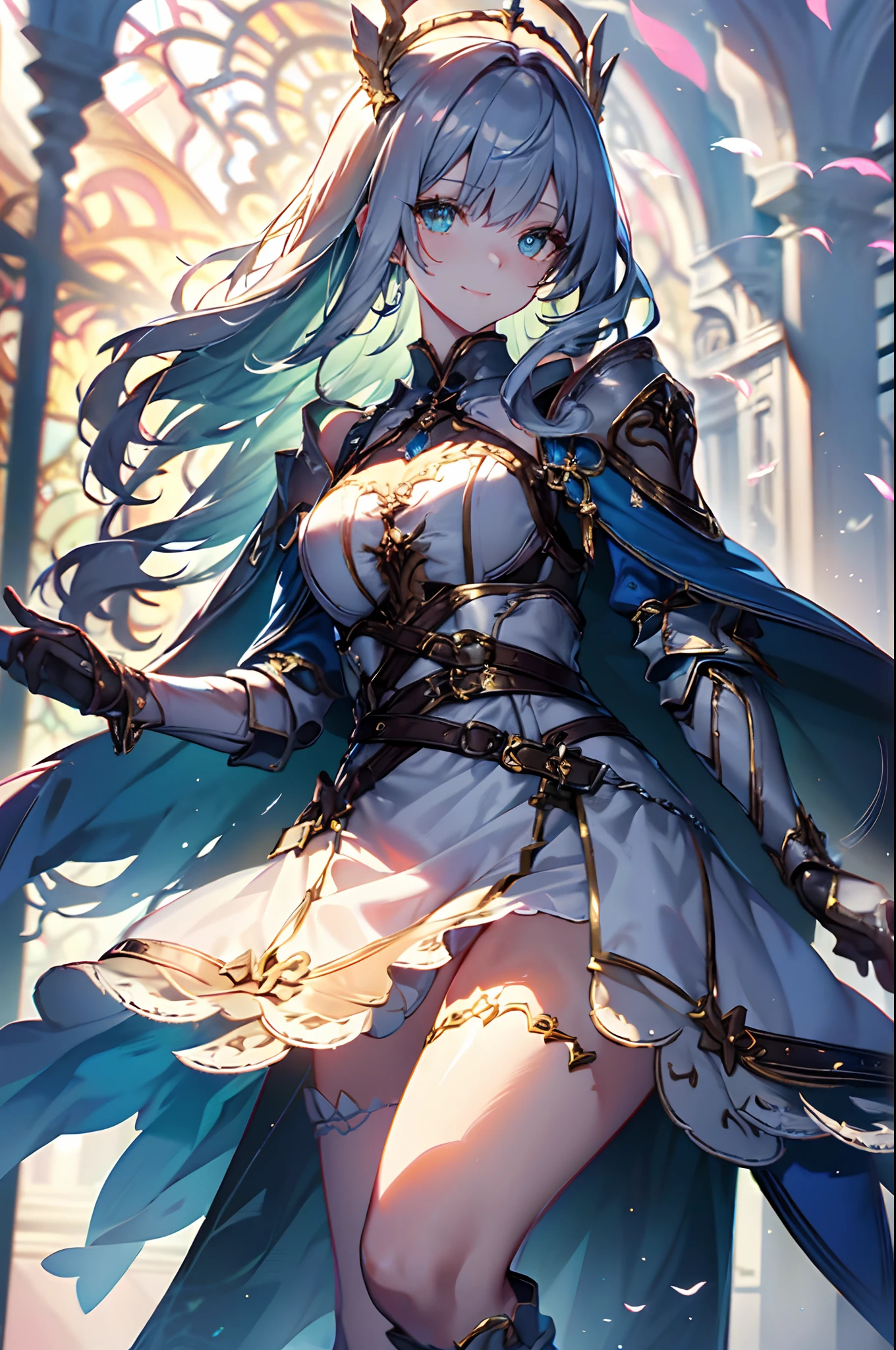 (Official art、Best Quality、Unity 8k Wallpapers、32K、masterpiece、ultra-detailliert、超A high resolution、The best illustrations、Very ridiculous:1.2)、(Cinematic lighting:1.2)、Fireglow effect、film grains、Best Shadows、Rim lighting、side lights、(Ultra-detailed and complex 3D rendering)、Detailed beautiful face and eyes、Sharp pupils、Realistic pupils、A slender、1Man Woman、Medium bust、(Full body:1.2)、 beauitful face、16-year-old beautiful girl、(super detailed skin、detailed skin textures:1.3)、(silver blond、Blue-silver hair:1.3)、Paladin、Longhaire、Blunt bangs、Green eyes、3 braids in 1 bunch、(Blue Armor、Blue Boots、Blue helmet、Jeweled、Gold embroidery)、A slender、Maxi skirt、(thighs thighs thighs thighs:0.8)、(chies、in a house、Artistic stained glass、Large pipe organ、Hello Point、Mystical、a lot of feathers float、angelicales、Particles of light、solemnity、Sunlight is、colourfull、Fantastical:1.2)、(Fantastical:1.3)、(Holding the Holy Sword:1.0)、Fantastical、Smiling smile