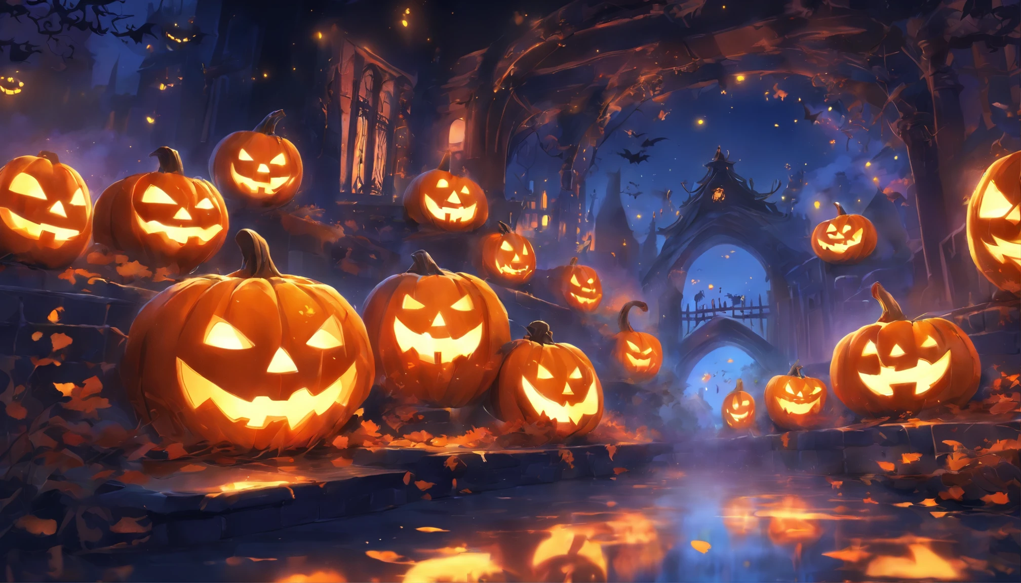 There are no floating lights on Halloween, Light and reflections in movies, Glowing lights, An intermediate element of the metaverse,Digital painting, Bright reflections, reflect,Quiet night, Digital illustration, Lovely atmosphere, Skylight at night, Quiet atmosphere at night, No jack-o'-lanterns, Halloween, it's nighttime, Ten, game scenes, Halloween, Surrounded by clouds, Architecture of New York, Enamelled tiles, beautiful color, There are three arches in the foreground((Shade placement ink ) ), ((Splashing ink) Inky})), tmasterpiece, High career, graphics beautiful, High details,magnifica