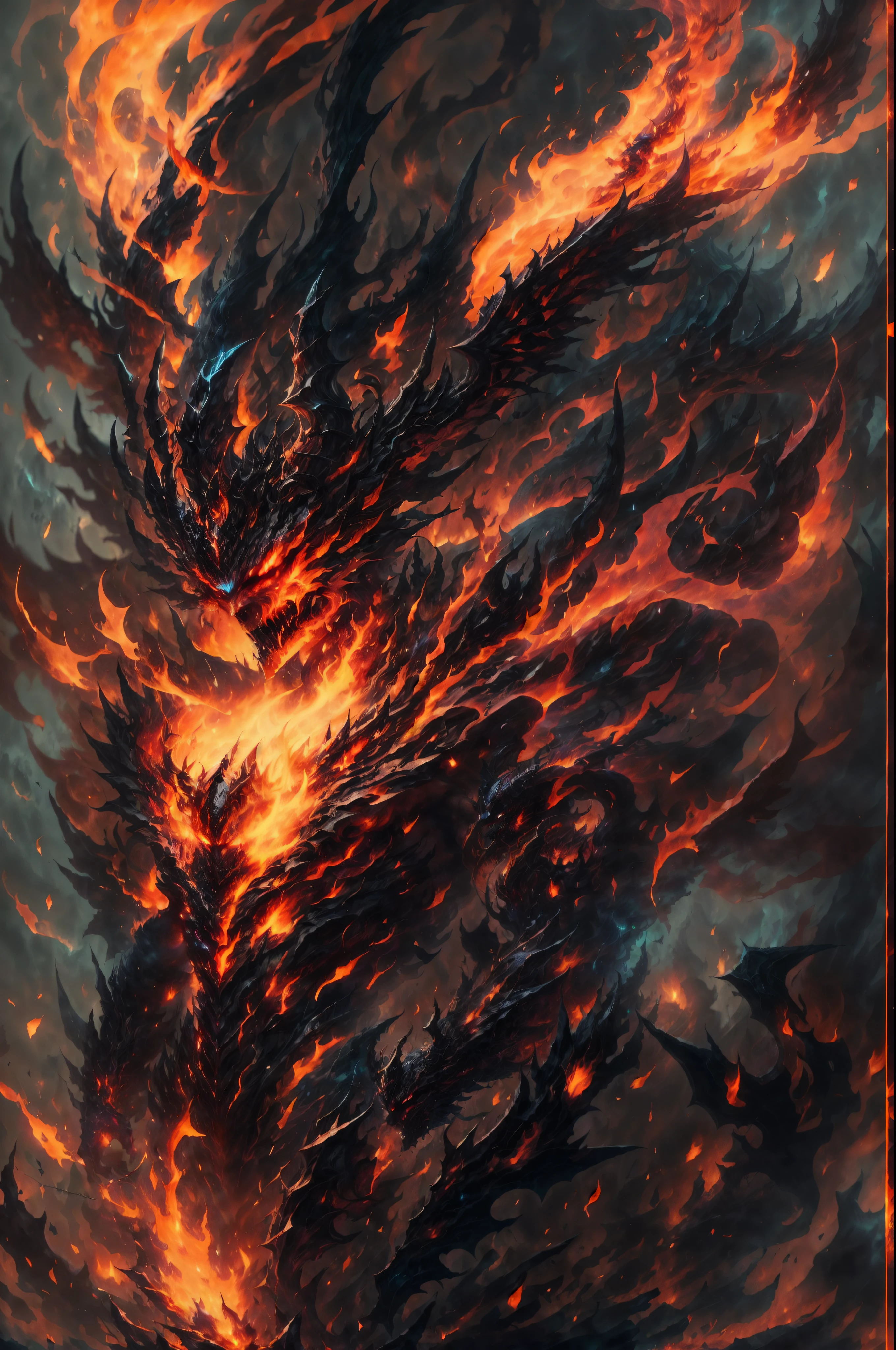 A humanoid devil, fierce face, fire demon, big burning demon wings, big horn, sharp thorn runs through body, full body, hellish demon, burning background, burning demon aura, devilish energy cracking, third eyes, glowing eyes, corrupted energy, fire spear, burning horn crown, demon tail, detailed devil wings, fire whip, close shot, drill hand, ,demonic energy crackling around the body,ominous burning background,hellish inferno as the backdrop,scorching flames,embers floating in the air,dark shadows dancing with fire,fiery landscape,flaming atmosphere,infernal glow,vibrant reds,orange hues,sharp contrast,ominous lightning,Detailed,Realistic,4k highly detailed digital art,octane render, bioluminescent, 8K resolution concept art, realism,by Mappa studios,masterpiece,best quality,official art,illustration,ligne claire,(cool_color),perfect composition,absurdres, fantasy,focused