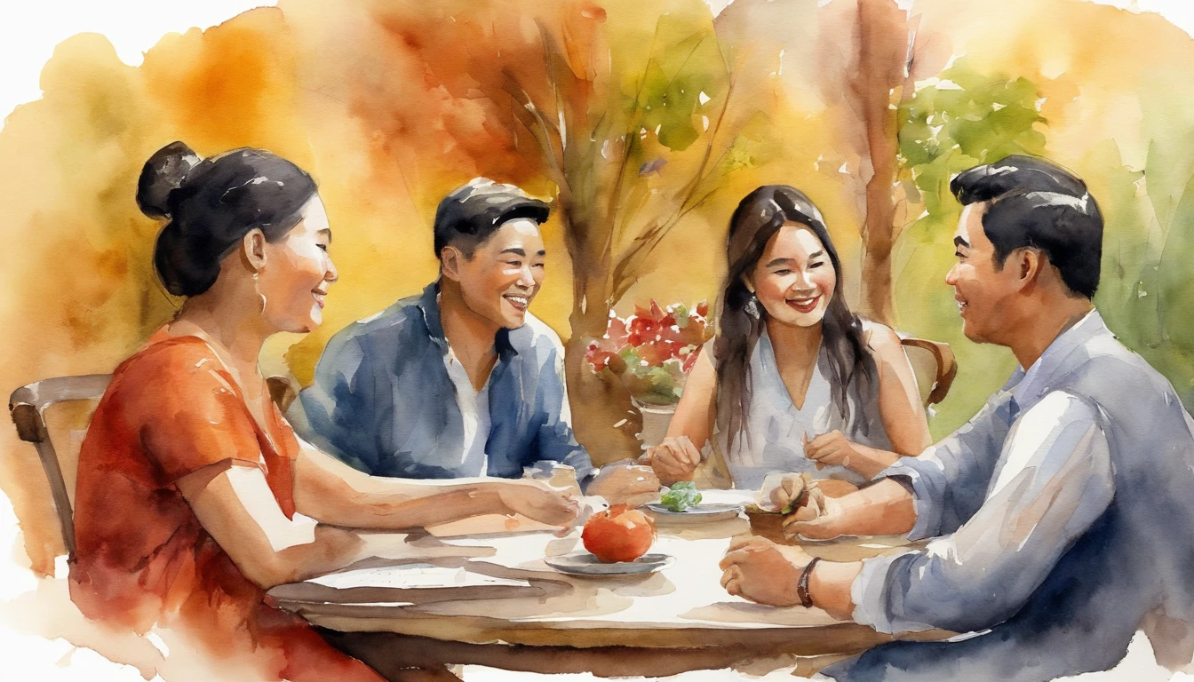 a group of asian young friends, 5 people, 3 men and 2 women, sitting around the table having a happy chat about their future.