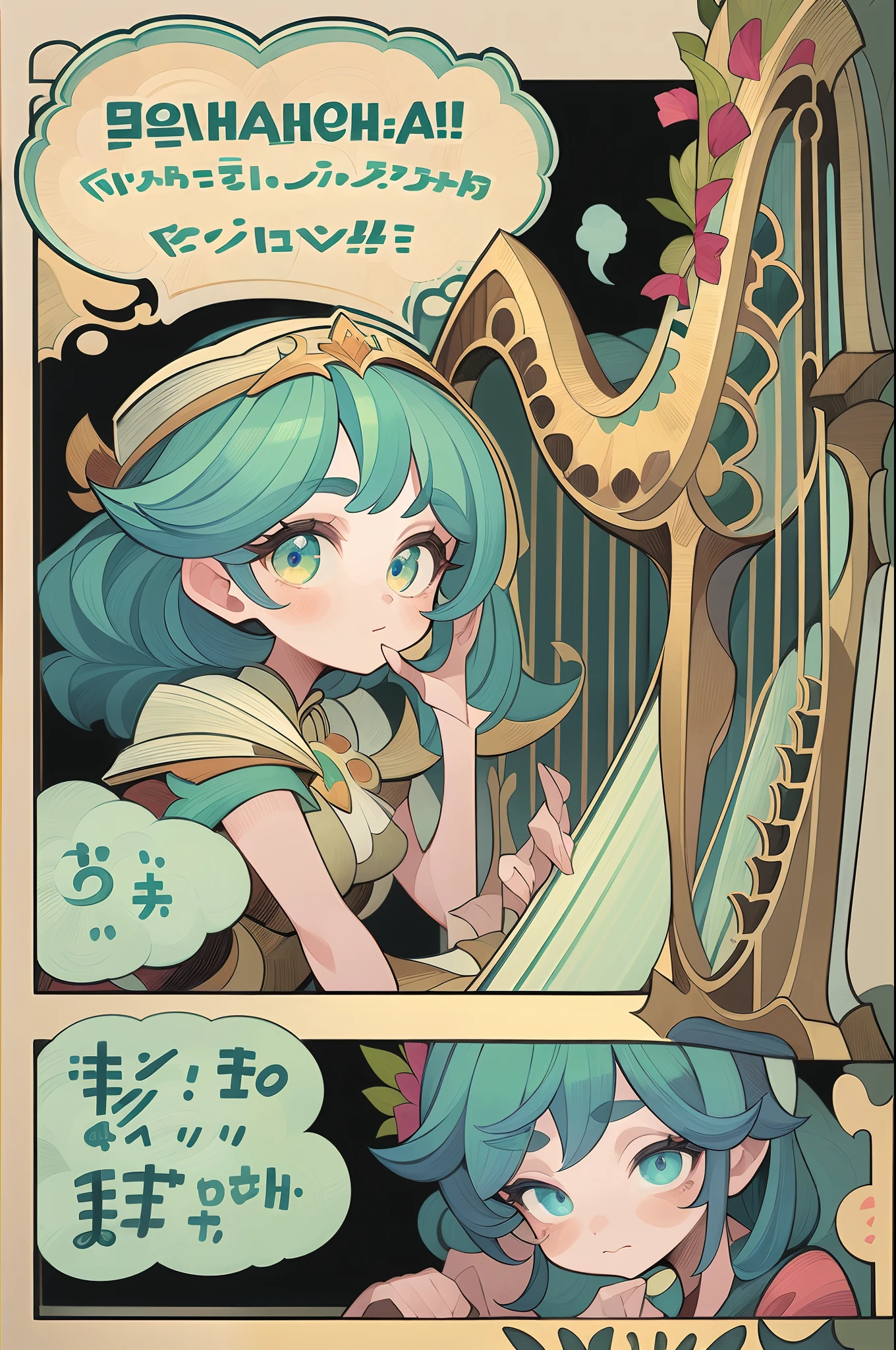 Top quality, Best quality, A high resolution, Masterpiece, Super high resolution, Detailed background, ( 1 princess plays the harp, peeping at the viewer), absurderes(Highly detailed beautiful face and eyes)Perfect anatomy, Good lighting, cinematic shadow, Various expressions, a variety of poses, Various angles, full bodyesbian, ((Comic strip layout for girls, Voice balloons, English text, Hand drawn sound effect stickers used in girl manga))sosaku hanga, comic page, fantrome, DDLC, anime big breast, Comic Panels, zerochan