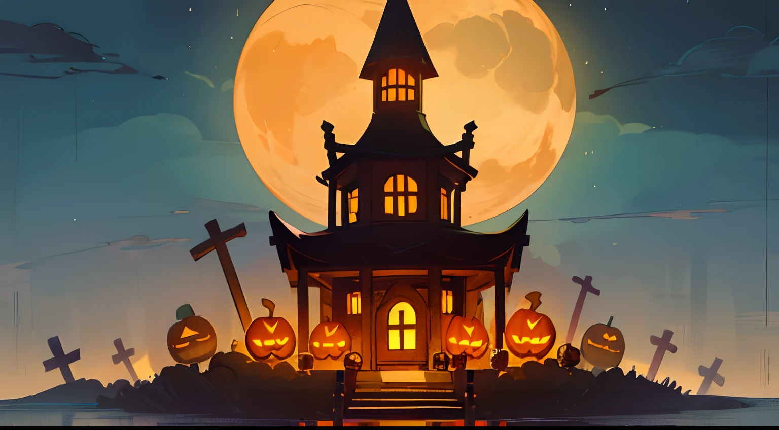 0 Humans,Halloween,landscapes,western building,Moon Night,orange colors,Pumpkin Lantern,Grave,crosses,candy,cookies,macaroons,Choco,caramel,marshmallow,Lollipop Candy,Jack O'Lantern