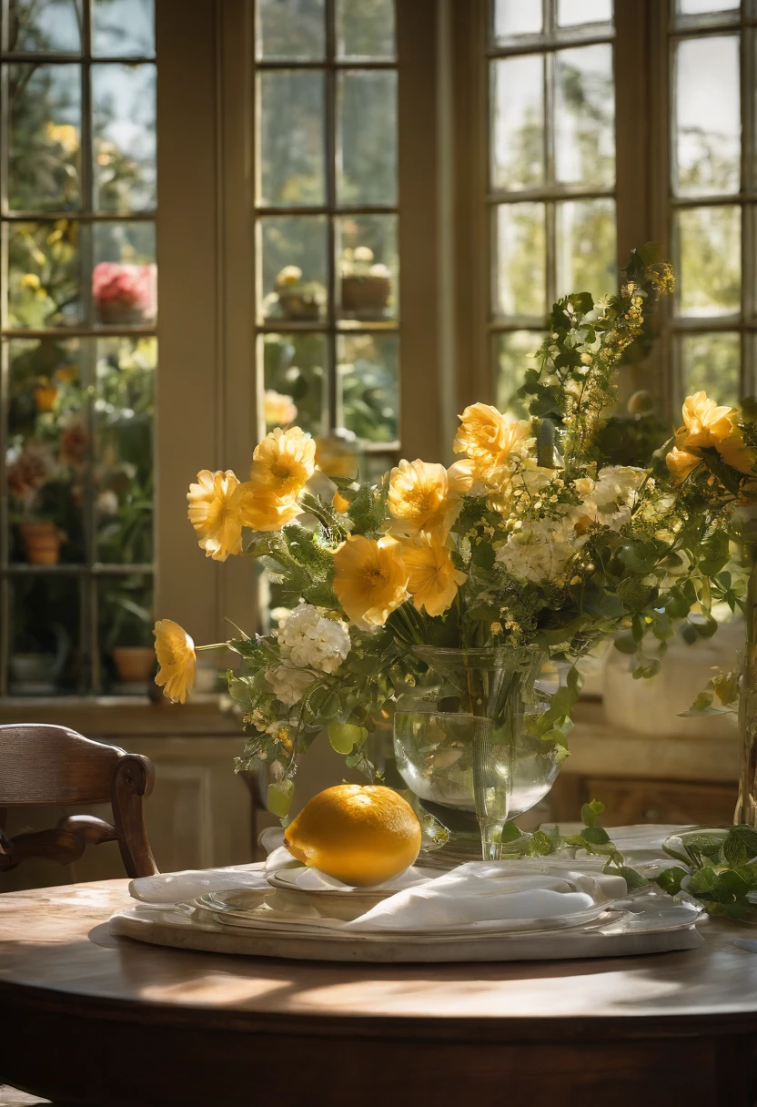 Close-up of a table，There is a vase of flowers on it, delightful surroundings, With French garden, Transparent，high key，house kitchen on a sunny day, Inside the French village, author：Wise, bright window lit kitchen, Architectural Digest, Home and Garden Magazine, Residence and garden, Architectural Digest Photos, summer morning light, with flowers and plants, Vignette digital sketch, dripping paint. Perfect color grading. Carel Appel and Jeremy Mann's influence, Many dramatic and threatening scenes, ultra - detailed, Beautiful, insanely details, Intricate details, editorial photography, shot with a 50mm lens, depth of fields, Tilt Blur, Shutter speed 1/1000, f/22. Lightmaps, Super bright