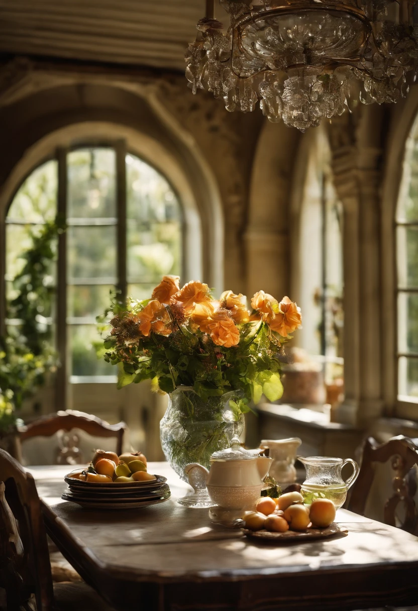 Close-up of a table,There is a vase of flowers on it, delightful surroundings, With French garden, Transparent,high key,house kitchen on a sunny day, Inside the French village, author:Wise, bright window lit kitchen, Architectural Digest, Home and Garden Magazine, Residence and garden, Architectural Digest Photos, summer morning light, with flowers and plants, Vignette digital sketch, dripping paint. Perfect color grading. Carel Appel and Jeremy Mann's influence, Many dramatic and threatening scenes, ultra - detailed, Beautiful, insanely details, Intricate details, editorial photography, shot with a 50mm lens, depth of fields, Tilt Blur, Shutter speed 1/1000, f/22. Lightmaps, Super bright