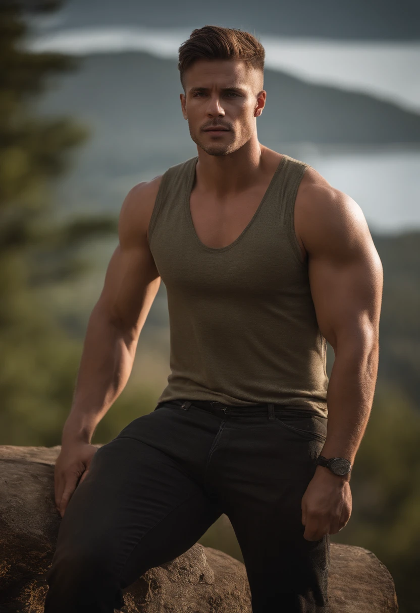 A handsome boy with abs, 25 years old, brown spiky hair, dark green eyes, masculine pose, mysterious lighting, muscular physique, looking into the camera, upper body close up, polish, 8k UHD, SLR camera, soft lighting, high quality, film grain, Fujifilm XT3