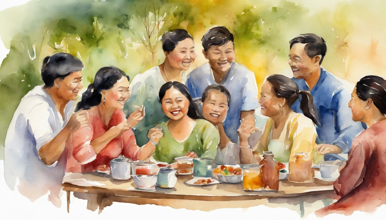 a group of asian young friends, 13 people, 7 men and 6 women, sitting around the table having a happy chat about their future.