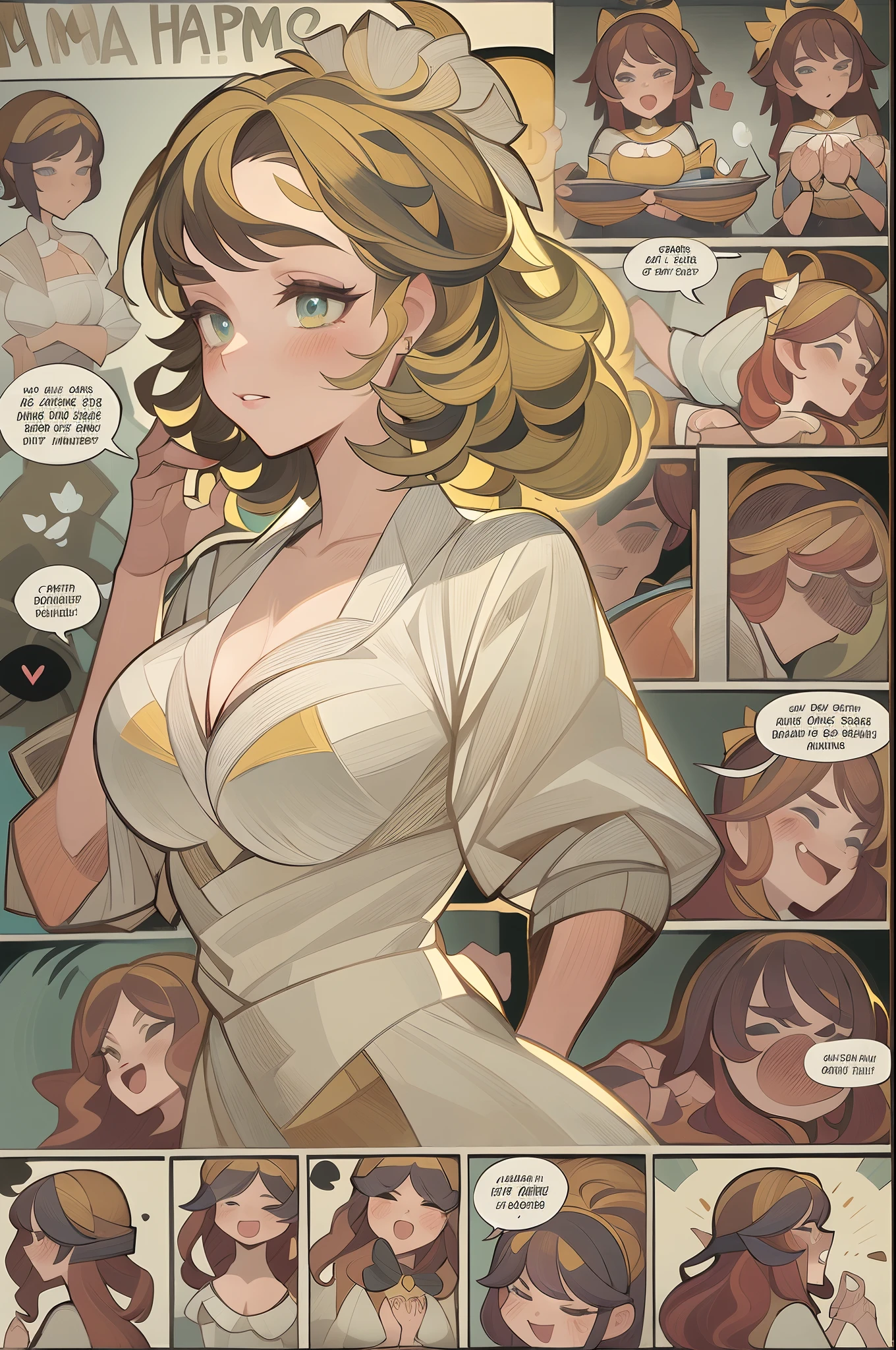 Top quality, Best quality, A high resolution, Masterpiece, Super high resolution, Detailed background, ( 2 princesses, Double, dance), waltz, absurderes(Highly detailed beautiful face and eyes)Perfect anatomy, Good lighting, cinematic shadow, Various expressions, a variety of poses, Various angles, full bodyesbian, ((Comic strip layout for girls, Voice balloons, English text, Hand drawn sound effect stickers used in girl manga))sosaku hanga, comic page, fantrome, DDLC, anime big breast, Comic Panels, zerochan