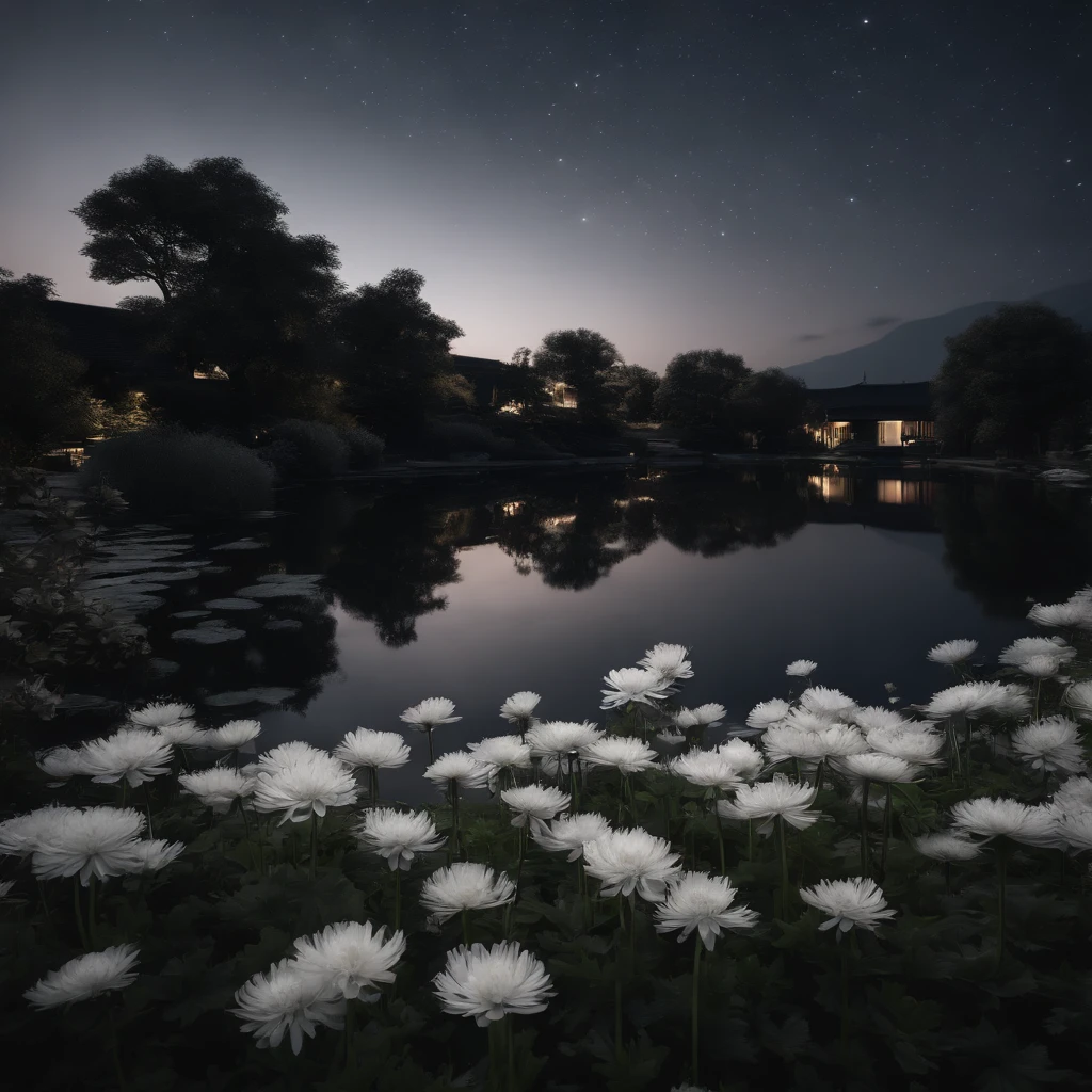 8k, ultra-fine, wide-angle lens expression, (night sky:1.5),(masterpiece), (best quality, high quality:1.4),{Photorealistic},Realistic,Hyper Realistic,perfect anatomy,ultra detailed,perfect design,ultra detailed structures,no humans,nostalgia,night sky, garden, water, Japanese chrysanthemums blooming, magical, soothing the fatigue of the day,EasyNegative,negative_hand-neg, (worst quality, low quality,humans,,bad hands, watermark, username:1.2,monochrome,grayscale, poorly eyes,)