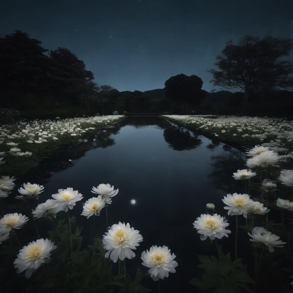 8k, ultra-fine, wide-angle lens expression, (night sky:1.5),(masterpiece), (best quality, high quality:1.4),{Photorealistic},Realistic,Hyper Realistic,perfect anatomy,ultra detailed,perfect design,ultra detailed structures,no humans,nostalgia,night sky, garden, water, Japanese chrysanthemums blooming, magical, soothing the fatigue of the day,EasyNegative,negative_hand-neg, (worst quality, low quality,humans,,bad hands, watermark, username:1.2,monochrome,grayscale, poorly eyes,)