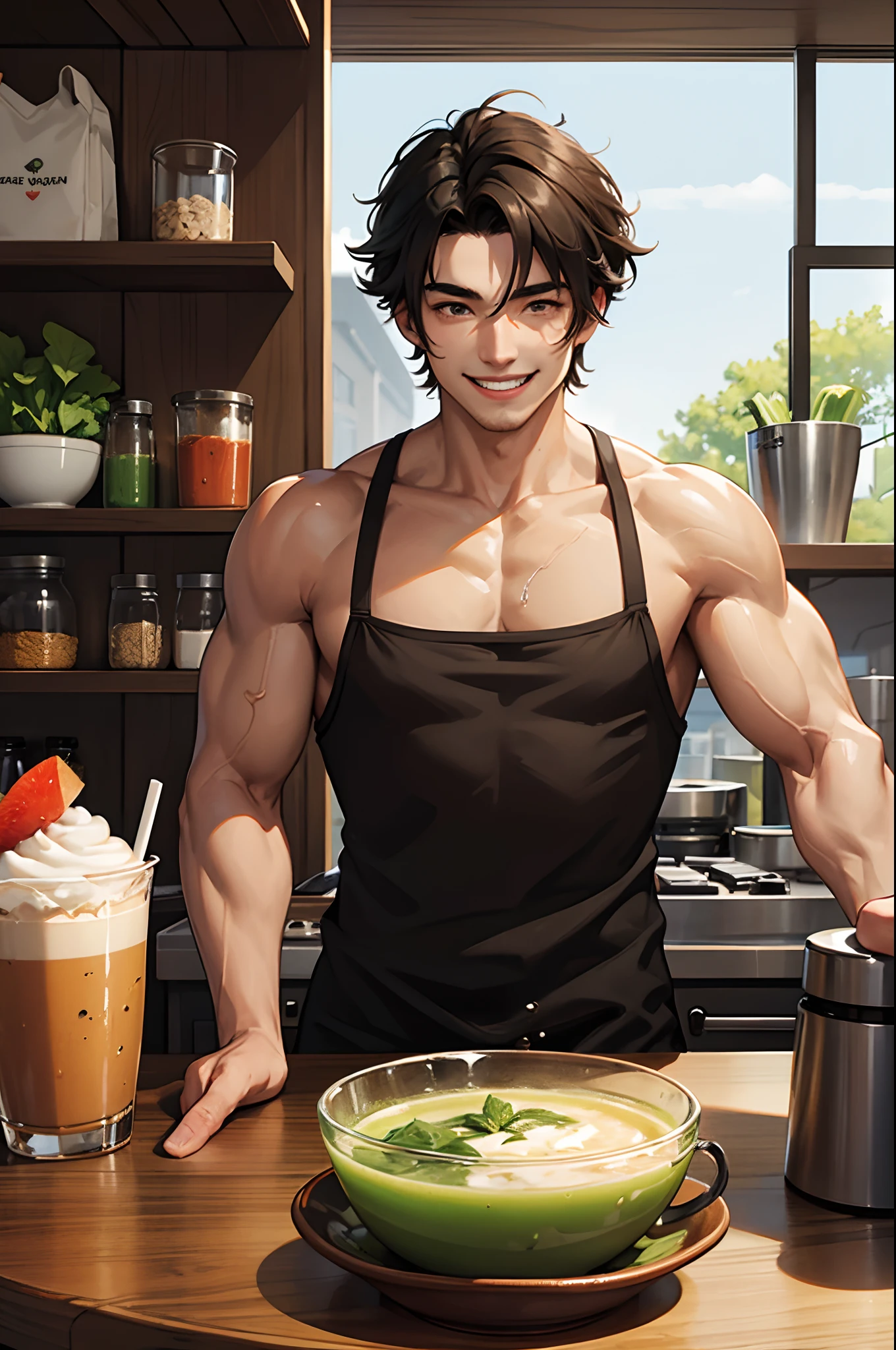 A muscular man crushes vegetables with both bare hands while smiling and showing his teeth.
The juice of vegetables crushed by a man is poured into a cup.
A coffee shop in the afternoon,
