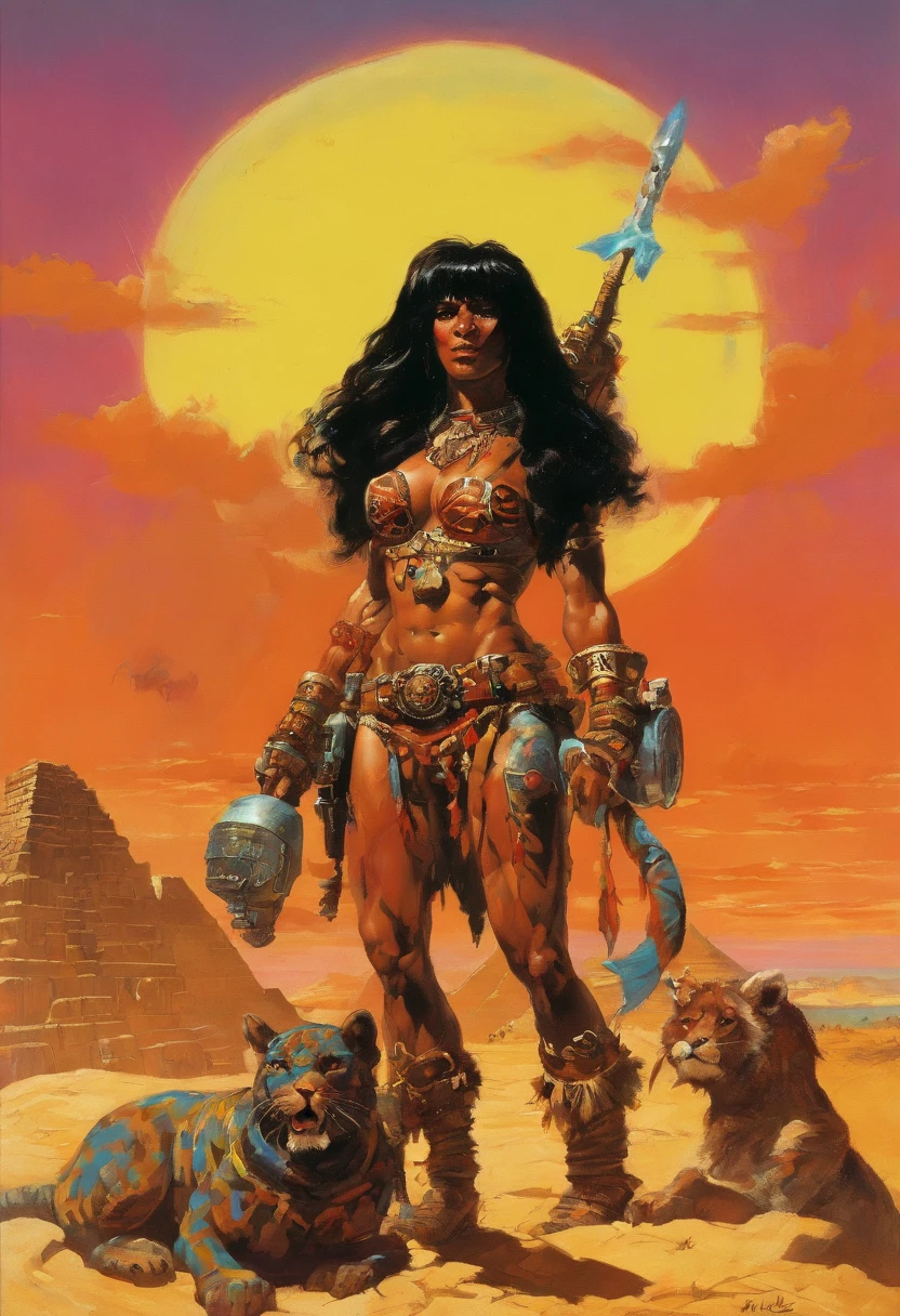 (((Simon Bisley))), (((Frank Frazetta))), (((disparate))), (((best quality))), (((master part))), (((back to back) )), (((Bunda Perfeita e Muscular)), Mulher musculosa asteca voluptuosa de 35 anos, Pre-Columbian warrior, pintura de corpo de guerra, Perfect proportion body, dark-skinned indigenous warrior wearing very few clothes and many necklaces and body adornments, cabelos longos e lisos, Tiny thong made of jaguar skin, holding a saddlebag and walking among Aztec pyramids, cadeias de montanhas ao fundo, muito quente, She is sweaty and her black skin glows under the scorching sun, coarse armor on her left arm