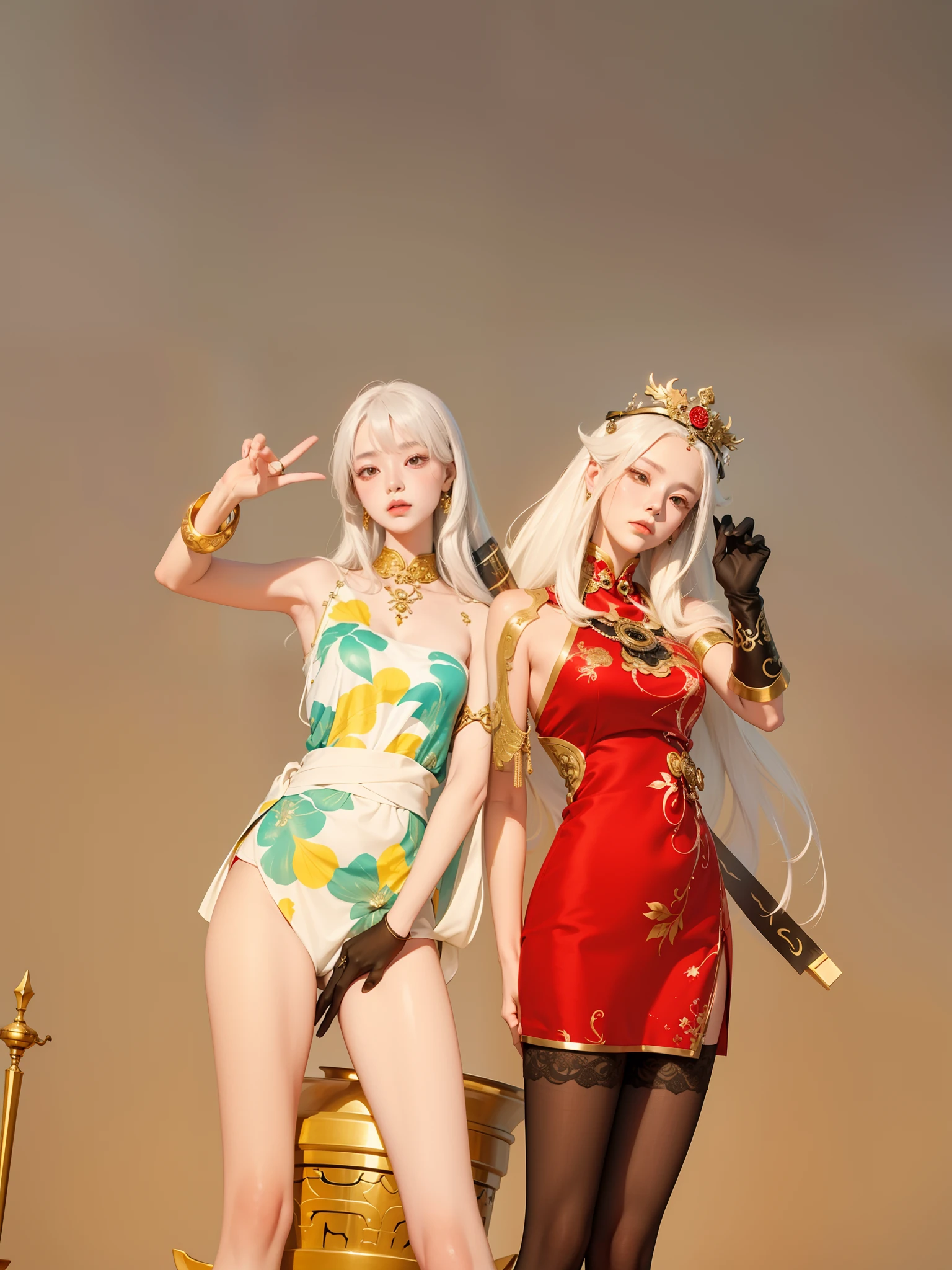 High quality, high resolution) Chinese ancient style mythological paintings, fairy 20 years old, long hair and waist (blonde hair), slender beautiful legs, (Chinese Dunhuang mythological elements), (mythical beasts), (auspicious clouds: 1.4), (thin silk Hanfu), stockings, cinnabar red lips, ancient Chinese queen jewelry Lonely dance, six dynasties gold powder painting style, luxurious Chinese and Western aesthetics combined sexy and enchanting, slender hot exposed body + tattoo red, heavenly temptation