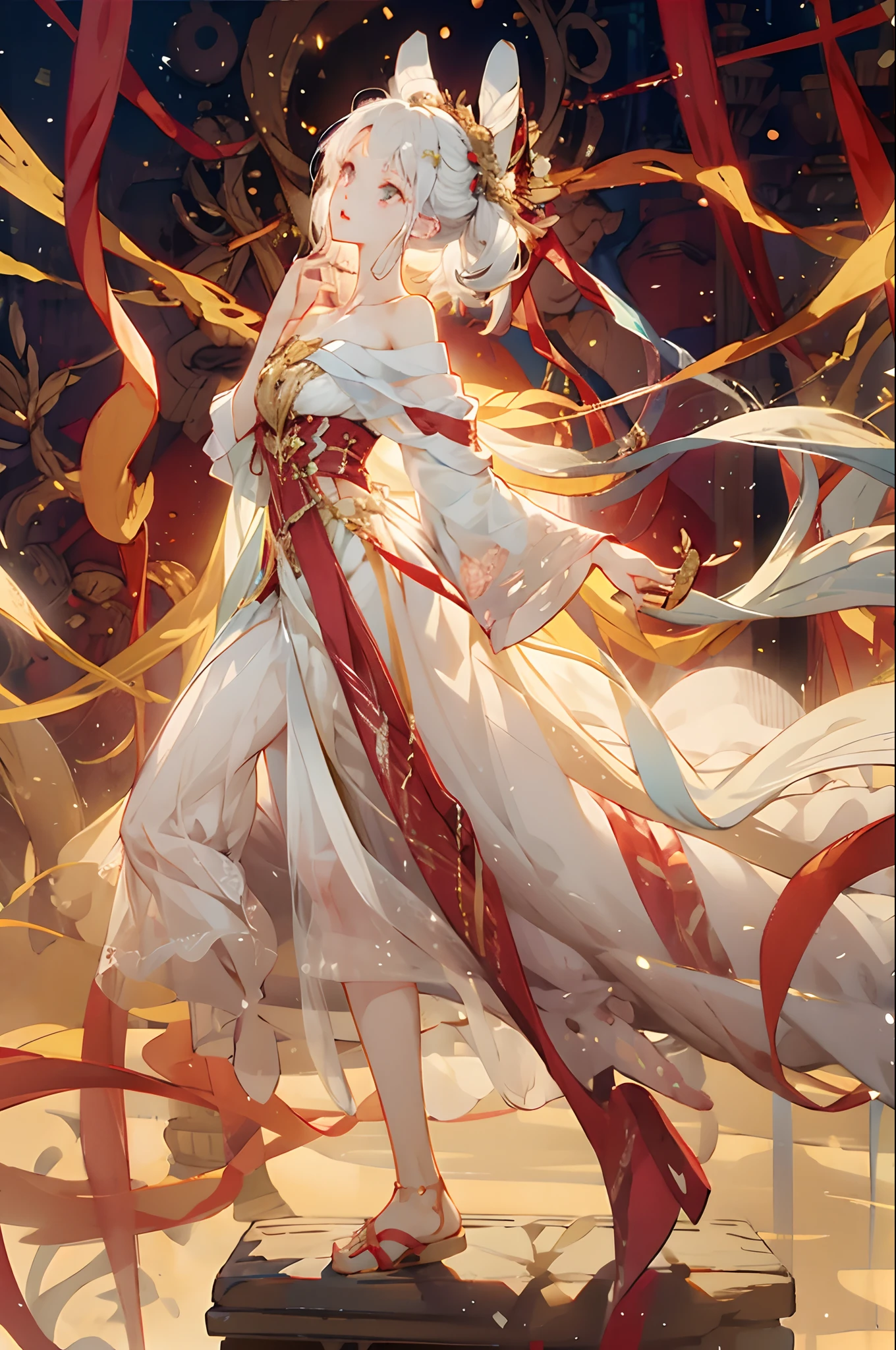 ao drawing method a white-haired girl in a white off-the-shoulder dress,full bodyesbian,Wear rope strappy sandals,Tiptoe