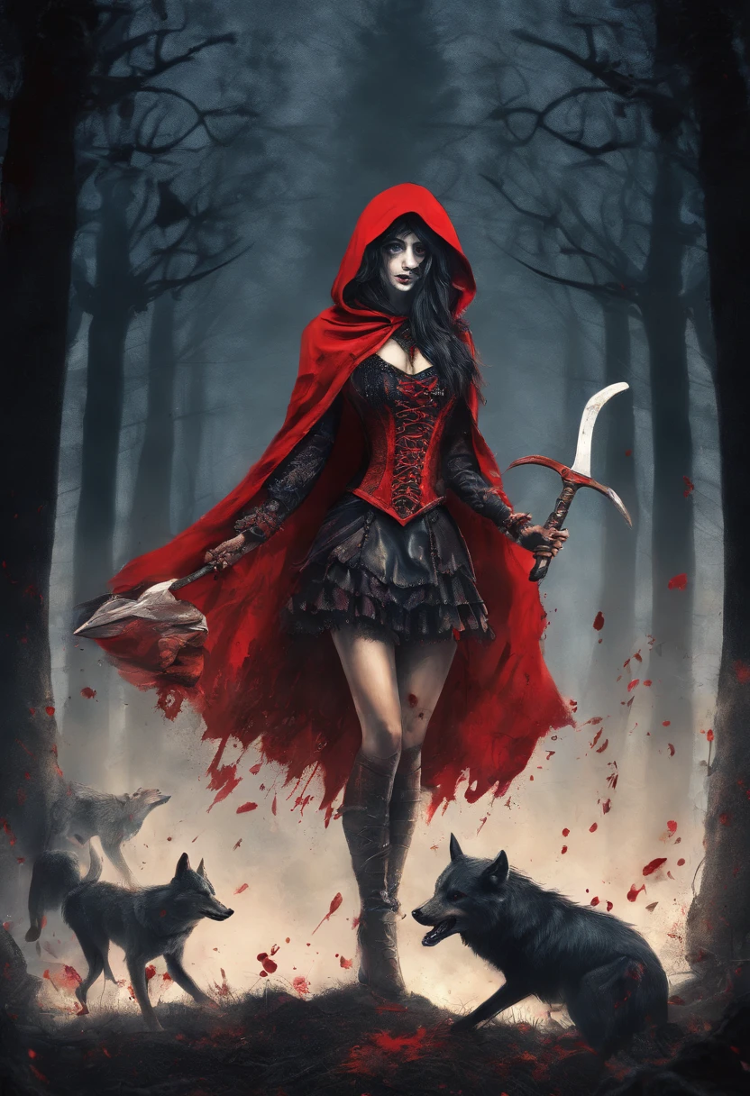 Gothic red riding hood holding the a bloody ax, standing over a dead wolf on the ground, bloody, fantasy, beautiful, elegant, lens flare, intricately detailed, blood splatter, dark, backlit, goth, moonlight, forest, horror, ominous, watercolor, illustrative, WLOP, oil on canvas