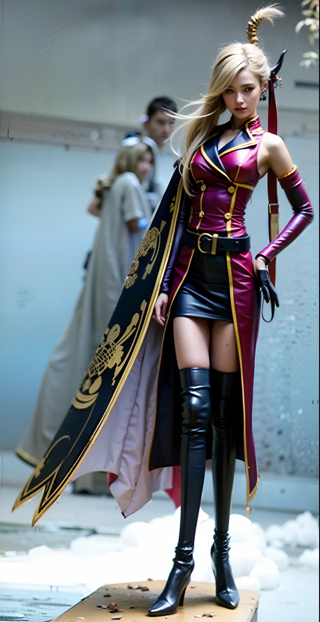 personagem japonesa feminina, cabelos brancos amarrado com rabo de cavalo, vestido roxo com detalhes dourados, mini-saia de couro preta, Longa luva roxa, longa bota de couro preta
