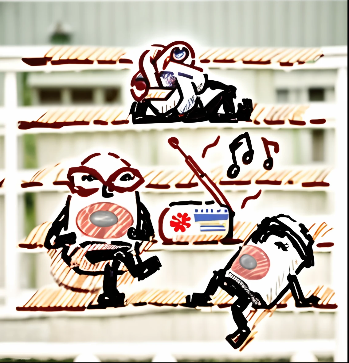 Cylindrical robot, sit on stairs. Radio on the stairs、ChatGPT Icon Doll、musical note、a picture、Sunnyday、Live action、outside of house、Red circle、Blue circle、goggles、sprawl、a picture、realisticlying .。.。.。.3D nffsw、outside of house、Sunnyday