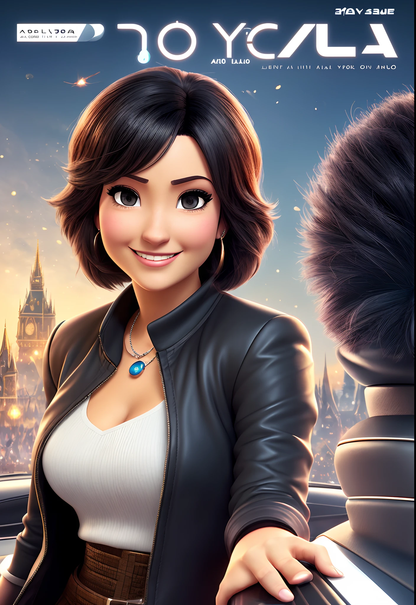 A 40 years old lady, black stylish layer hair, brown eyes, big boobs, east europa style, 3d, pixar, disney style, lawyer, driving her car, smile but stressed, thinking about something, poster, movie anime