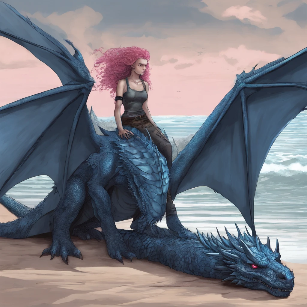 (Blue dragon, On the beach, Lie down and get hurt, axes, Blue eyes, Big wings (woman, Long curly hair, Pink hair, Blue eyes, Pet the dragon)