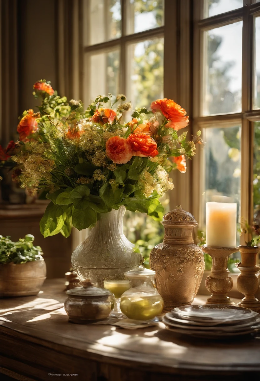 Close-up of a table，There is a vase of flowers on it, delightful surroundings, With French garden, Transparent，high key，house kitchen on a sunny day, Inside the French village, author：Wise, bright window lit kitchen, Architectural Digest, Home and Garden Magazine, Residence and garden, Architectural Digest Photos, summer morning light, with flowers and plants, Vignette digital sketch, dripping paint. Perfect color grading. Carel Appel and Jeremy Mann's influence, Many dramatic and threatening scenes, ultra - detailed, Beautiful, insanely details, Intricate details, editorial photography, shot with a 50mm lens, depth of fields, Tilt Blur, Shutter speed 1/1000, f/22. Lightmaps, Super bright