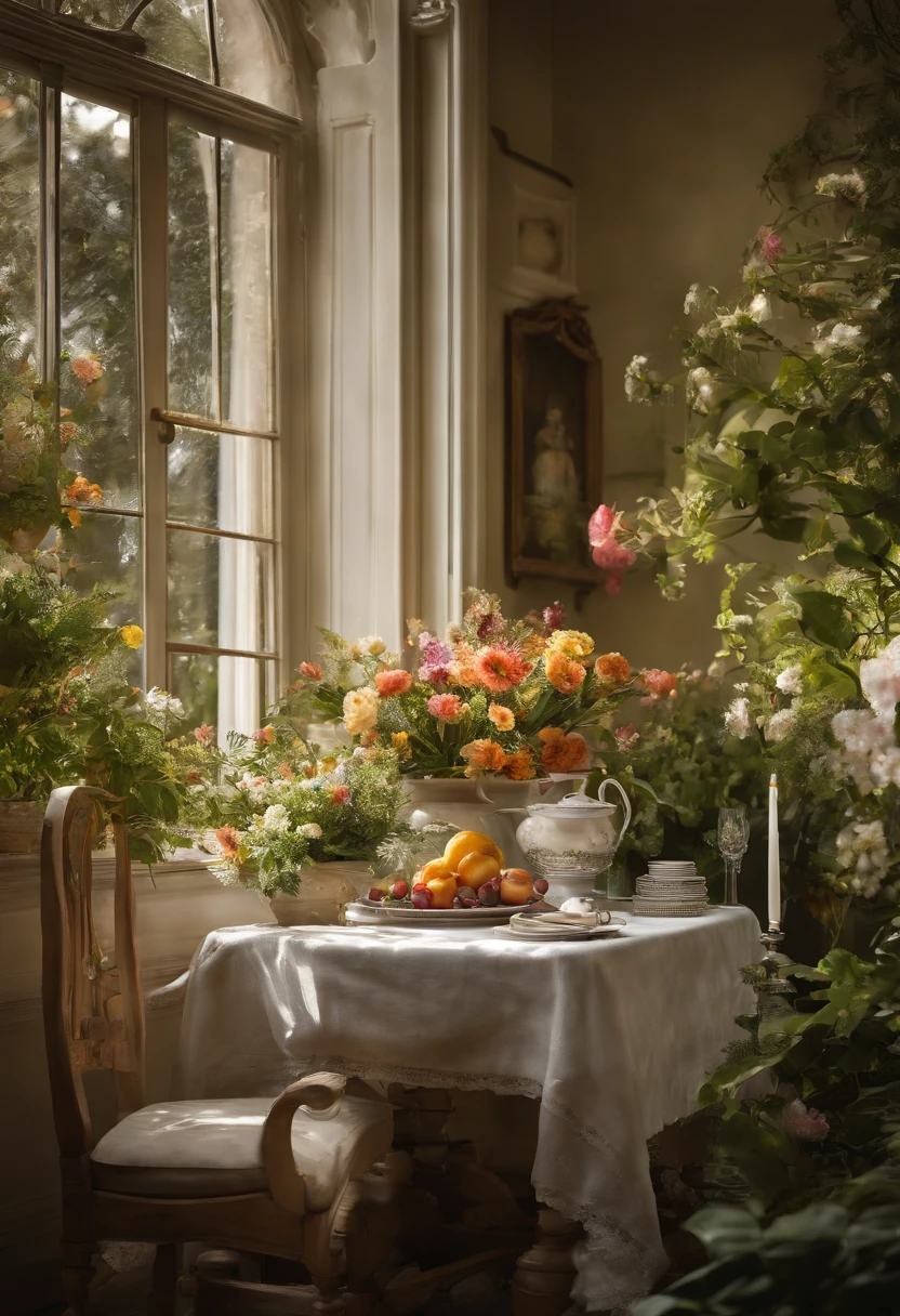 Close-up of a table，There is a vase of flowers on it, delightful surroundings, With French garden, Transparent，high key，house kitchen on a sunny day, Inside the French village, author：Wise, bright window lit kitchen, Architectural Digest, Home and Garden Magazine, Residence and garden, Architectural Digest Photos, summer morning light, with flowers and plants, Vignette digital sketch, dripping paint. Perfect color grading. Carel Appel and Jeremy Mann's influence, Many dramatic and threatening scenes, ultra - detailed, Beautiful, insanely details, Intricate details, editorial photography, shot with a 50mm lens, depth of fields, Tilt Blur, Shutter speed 1/1000, f/22. Lightmaps, Super bright