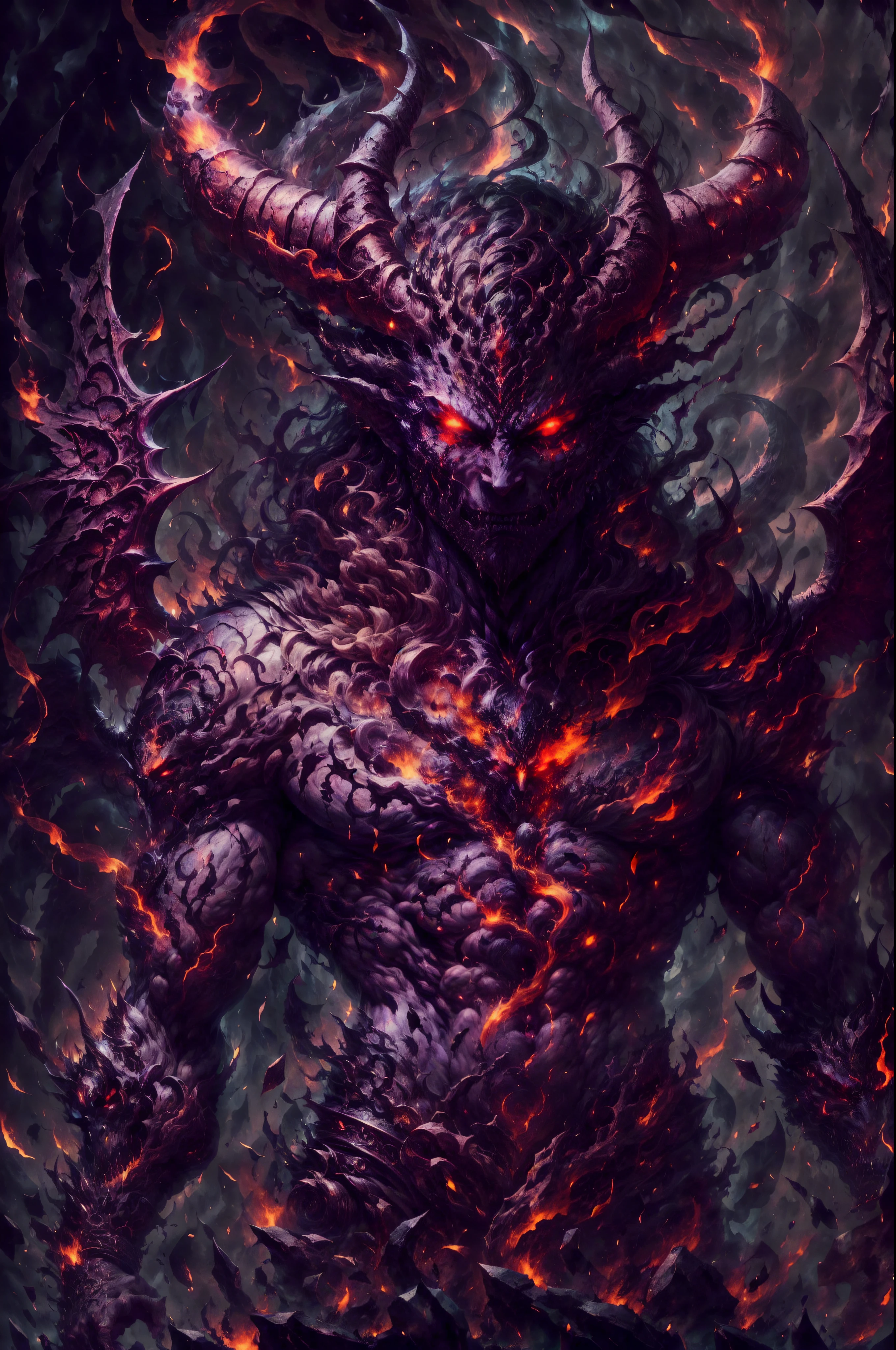 (highres,realistic,1girl)A humanoid devil with a fierce face, possessing beautiful detailed eyes and lips, and an extremely detailed face. The devil is shown with long eyelashes, exuding a sense of danger and power. Its skin has a red and black color, giving it a demonic appearance. The devil's body is fit and muscular, radiating strength. It is adorned with intricate tattoos covering the arms and chest, giving it a sinister and mysterious aura. The devil's attire consists of dark, torn robes that flow with an ethereal quality.
The devil's most striking features are the big burning demon wings, which stretch out majestically from its back. The wings are engulfed in flames and emit an intense heat, creating an atmosphere of chaos and destruction. Each feather of the wings is delicately sculpted and shines with vibrant colors, adding to the demonic presence.
The devil is crowned with a pair of large horns that curve upward, adding to its menacing appearance. These horns are adorned with intricate engravings, making them a symbol of power and dominance. Additionally, a sharp thorn runs through the devil's body, representing pain and suffering.
The environment surrounding the devil is a hellish landscape, with flames and lava creating an intense, fiery atmosphere. The air is filled with smoke and ash, further enhancing the feeling of a demonic realm. The lighting in the scene is dim and eerie, casting long shadows and highlighting the devil's features.
Overall, this artwork is a masterpiece, showcasing the depth and realism of the devil's presence. The use of ultra-detailed design, realistic rendering techniques, and vivid colors brings this demonic figure to life, leaving a lasting impression on the viewer.