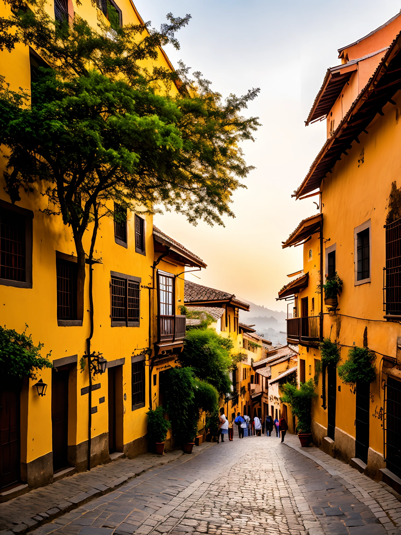 An ancient city in the sunset, (best quality, 4k, highres, masterpiece:1.2), ultra-detailed, (realistic, photorealistic:1.37), HDR, studio lighting, vivid colors, bokeh, portrays the scene of a mesmerizing ancient city bathed in the warm light of the setting sun. The city is built with exquisite architectural details and stands tall against the golden sky. The narrow streets are lined with cobblestone pathways and rustic buildings. The city's old walls are adorned with delicate carvings and vibrant murals that depict ancient tales and legends. The reflection of the colorful sunset can be seen in the tranquil river that flows through the heart of the city. Towering trees and lush greenery surround the city, adding a touch of nature to the scene. As the sun sets, the city is enveloped in a soft, warm glow, creating a magical atmosphere. The light casts long shadows on the ancient streets, giving a sense of depth and mystery. The rooftops of the buildings are adorned with intricately designed tiles and chimneys that blend seamlessly with the historical surroundings. People dressed in traditional attire can be seen strolling through the streets, adding a lively element to the scene. The sound of distant laughter and conversations fill the air, hinting at the vibrant community that calls this ancient city home. The overall color tone of the image is warm and inviting, with a mix of golden hues and vibrant pops of color. The lighting plays a crucial role in creating a captivating atmosphere, highlighting the architectural details and casting soft shadows. This prompt captures the essence of an ancient city, providing a glimpse into its rich history and timeless beauty.