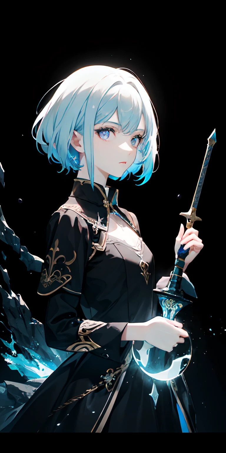 masterpiece, best quality, (extremely detailed CG unity 8k wallpaper, masterpiece, best quality, ultra-detailed, best shadow), (detailed background), (beautiful detailed face, beautiful detailed eyes), High contrast, (best illumination, an extremely delicate and beautiful),1girl,((colourful paint splashes on transparent background, dulux,)), ((caustic)), dynamic angle,beautiful detailed glow,full body, cowboy shot, colorful, 1girl, white hair, purple eyes, dual wielding, sword, holding sword, blue flames, glow, glowing weapon, light particles, wallpaper, chromatic aberration, (detailed background,dark fantasy), (beautiful detailed face), high contrast, (best illumination, an extremely delicate and beautiful), ((cinematic light)), colorful, hyper detail, dramatic light, intricate details, depth of field,black light particles,(broken glass),magic circle,