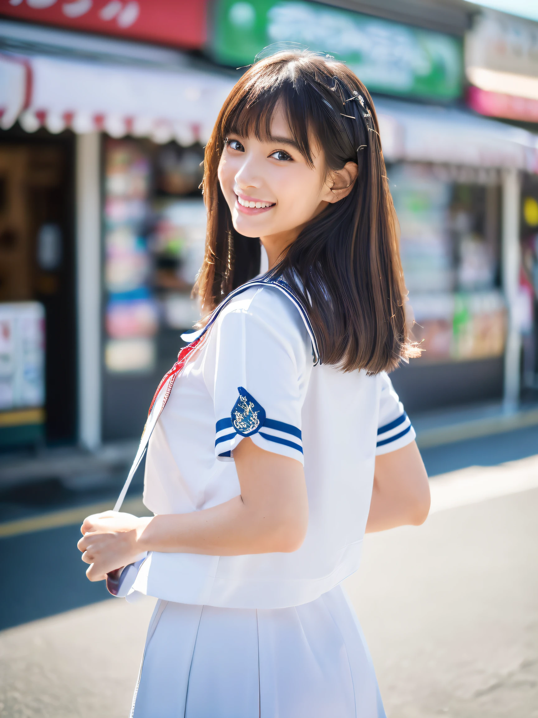 ​master piece,8K,(​master piece,Photorealistic:1.5),(​master piece,Ultra High Resolution:1.5),(​master piece,Best Quality,ultra-detailliert:1.5),
Beautiful Girl,Full body,light smile,japanese Sailor Uniform,convenience store,