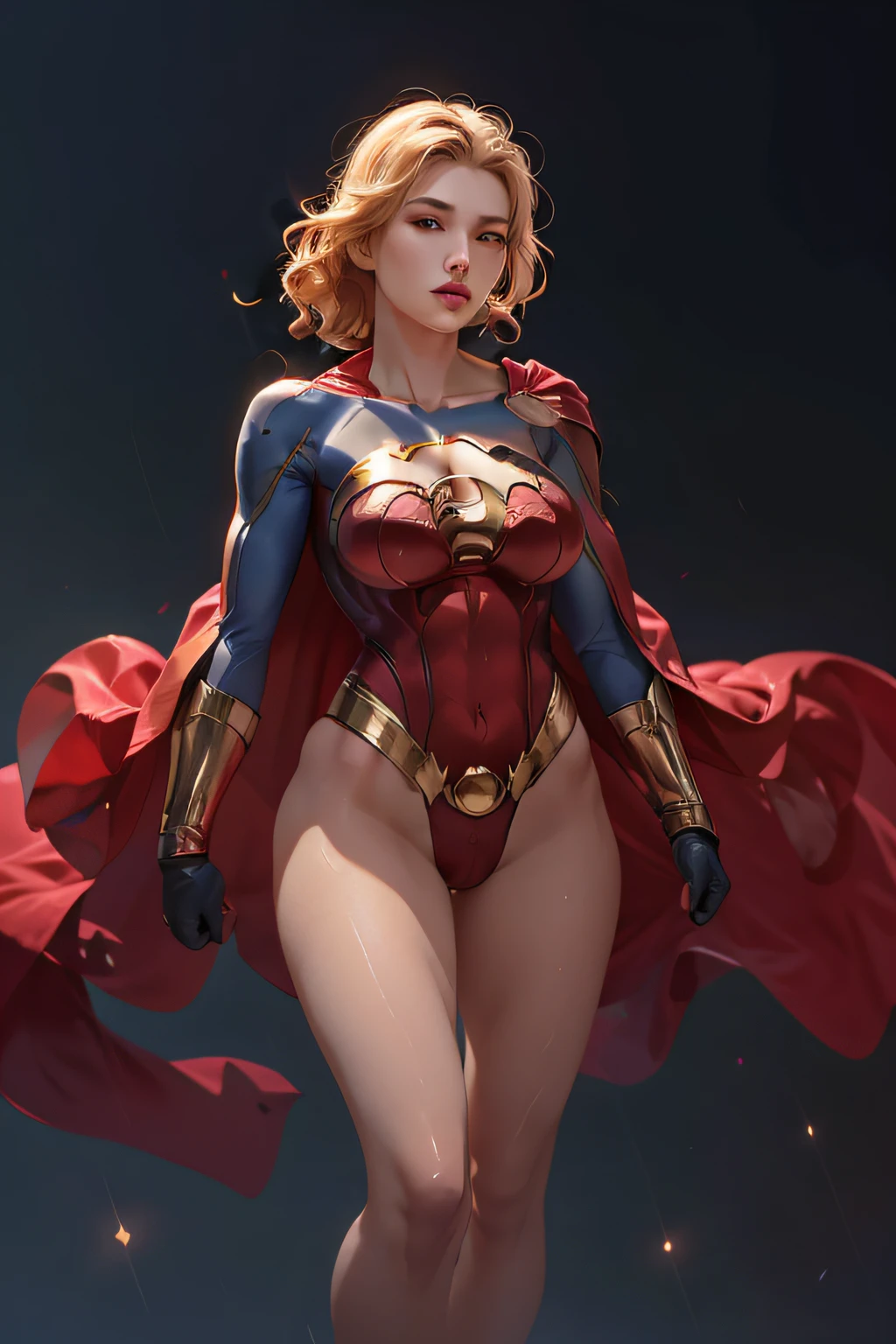 ultra-detailed, realistic: 1.35, Super hero girl, 18 years-old, large full breasts, Full-body shot,Dressed up (One-piece Supergirl Suit), korean idol face, big chest, ((spandex suit, troso tight bodysuit)), ((blond hair, Big breasts: 1.4)), very Thin bodysuit, heroic appearance, detailed collarbones and chest, smooth skin, pupils sparkling, feminine allure, strapless bodysuit,