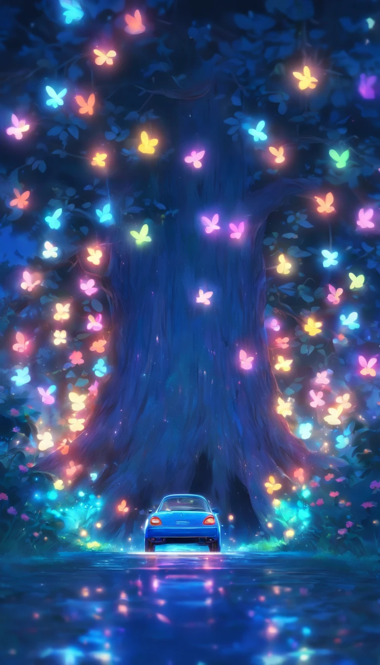 The trunk of the car opens,florals、Lights run down the trunk,Hang on the ground, Children's illustration style, Cute style, 2D, Rabbits, Animation style