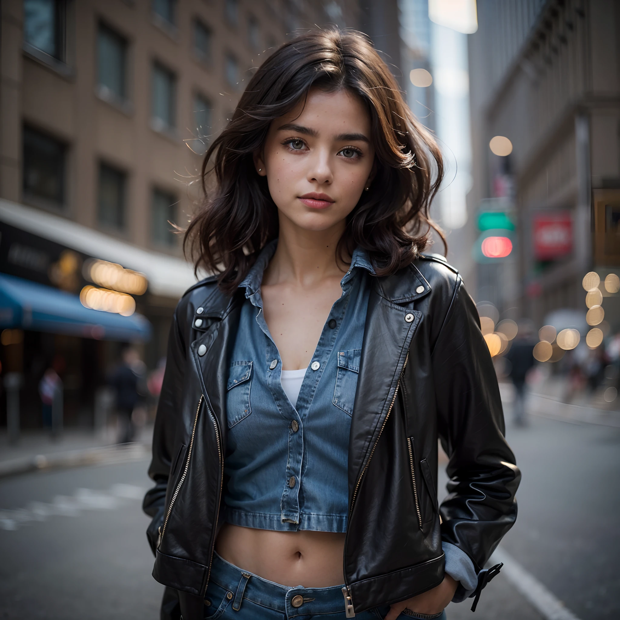 (a  photo of a, 200mm lens, f/1.8), Photo of an adult woman, standing close-up in New York City, blurred background, Depth of field, voluminous curly brown hair, Shifted to the side, small chest, fully dressed, beatiful face, light makeup, looking at the viewer, She wears a denim jacket and a black top, (Heterochromia:1.2)