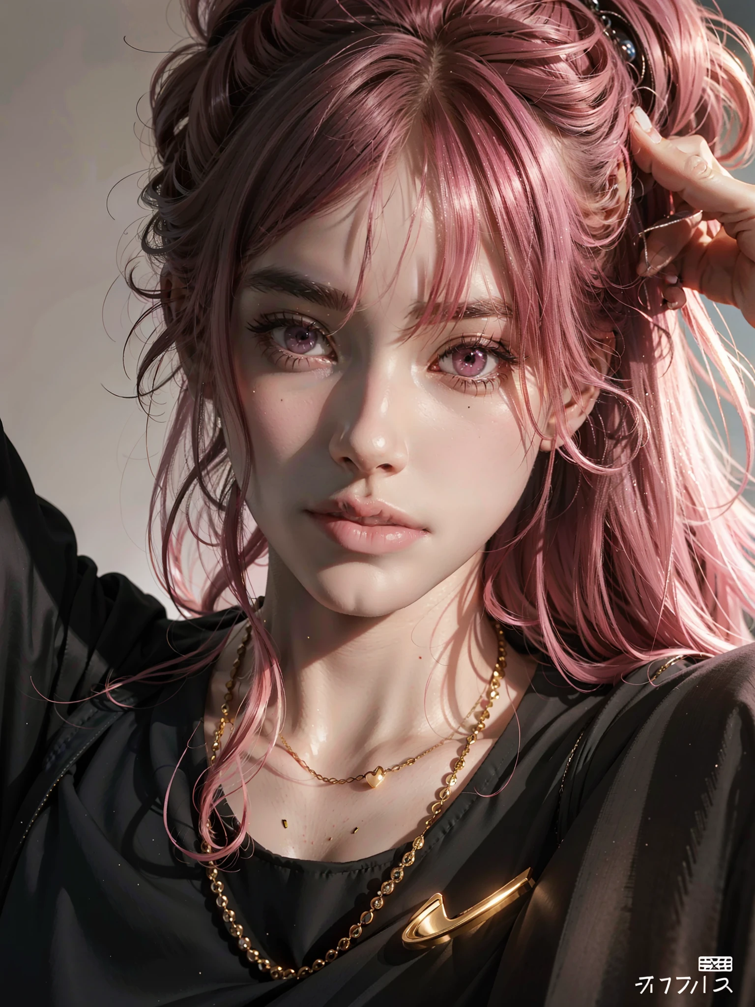 a close up of a woman with red eyes colour, serious face, serious eyes, straight-faced, beautiful haired girl, ((pink hair)), pink hair,, high quality, full body, (photorealistic:1.4), raw photo, 1girl, looking_at_viewer, makeup, solo, light smile,shadows, contrast, analog style (look at viewer:1.2) (skin texture) (film grain:1.3), (warm hue, warm tone:1.2), close up, cinematic light, sidelighting, ultra high res, best shadow, RAW, RAW photo, a 22-year-old, lipstick, soft lighting, high quality, ((soft lighting:1.4),(pale skin:1.4), highres, sharp focus, extremely detailed, (spotlight), stage, beautiful detailed eyes, masterpiece, cinematic lighting, dslr, Fujifilm XT3,