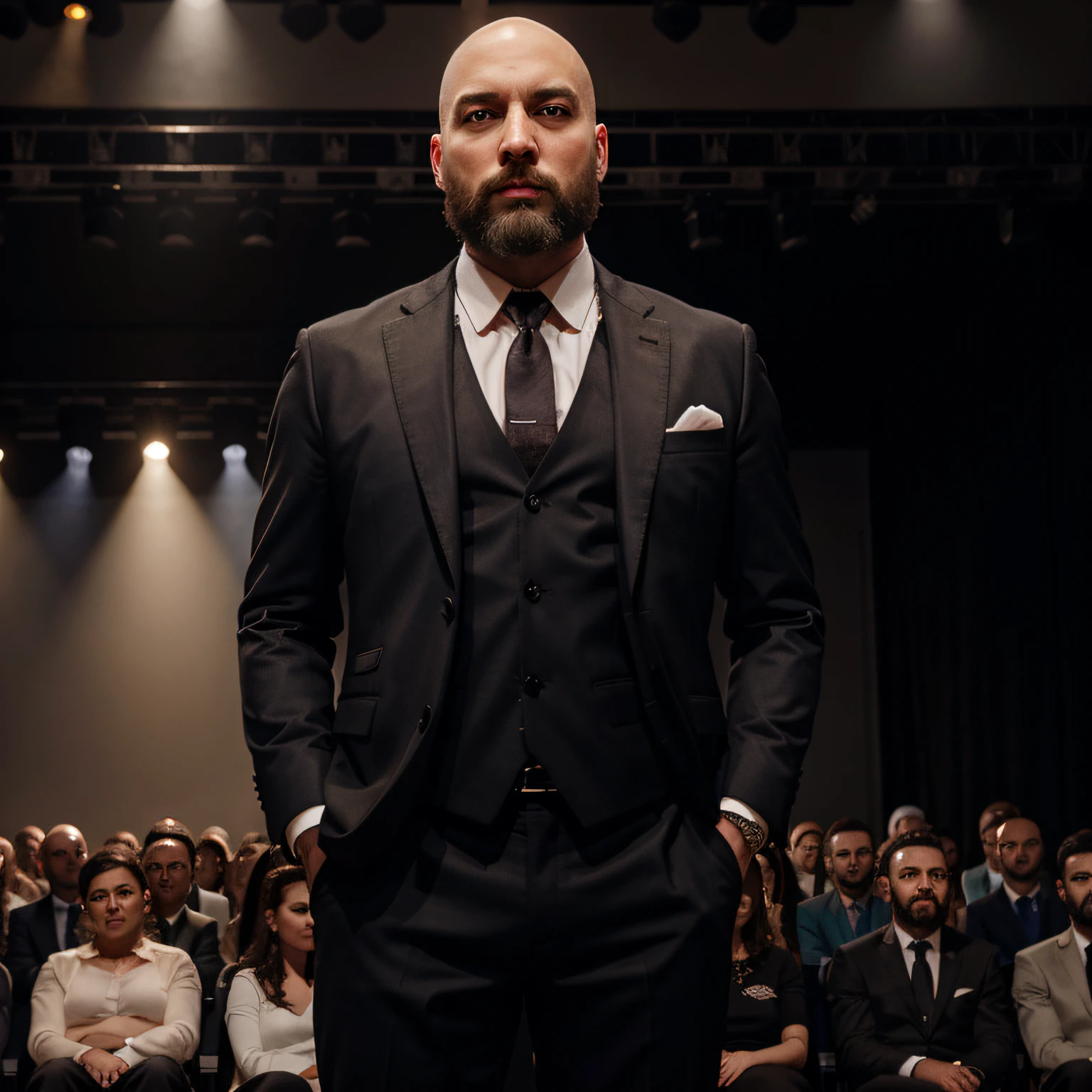 A bald man with a beard in a formal suit stands on stage in front of an audience, Ultra-realism, Detailed